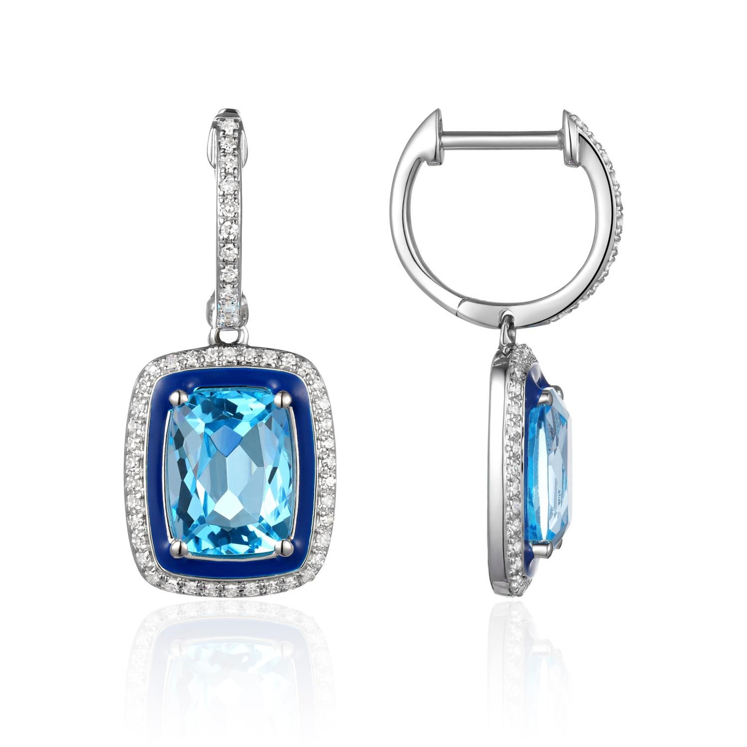 14K White Gold Diamond Enamel Earrings featuring 0.22 Carats of Diamonds and 4.17 Carats of Blue Topaz

Underline your look with this sharp 14K White gold shape Diamond Earrings. High quality Diamonds. This Earrings will underline your exquisite