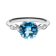 14k White Gold Diamond Engagement Ring with 2.36 Carat Round Blue Topaz