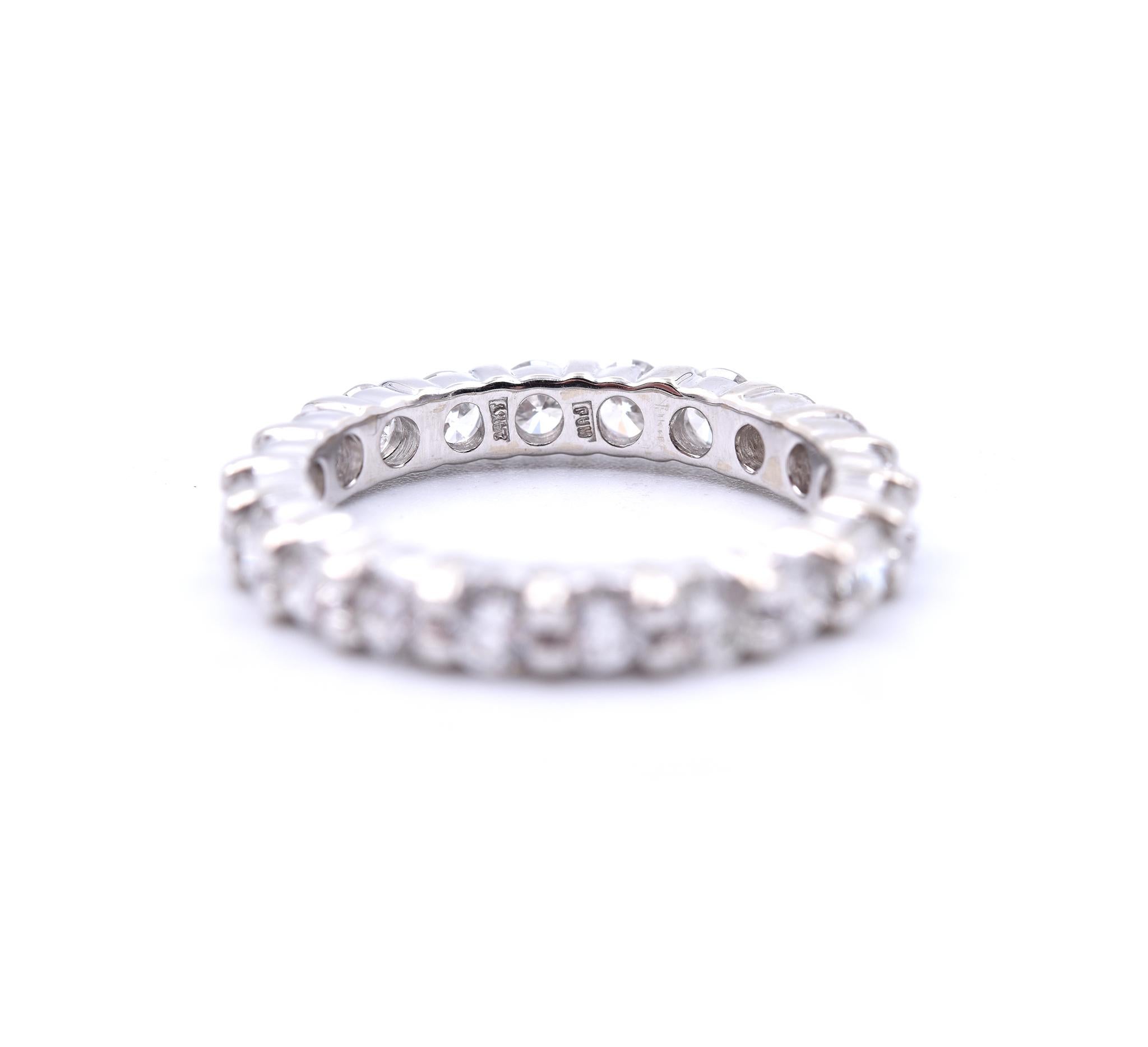 
Designer: custom
Material: 14k white gold
Diamonds: 20 round brilliant cuts = 1.60cttw
Color: G-H
Clarity: SI
Size: 6 (please allow two additional shipping days for sizing requests)  
Dimensions: ring measures 3.15mm in width
Weight: 3.60 grams
