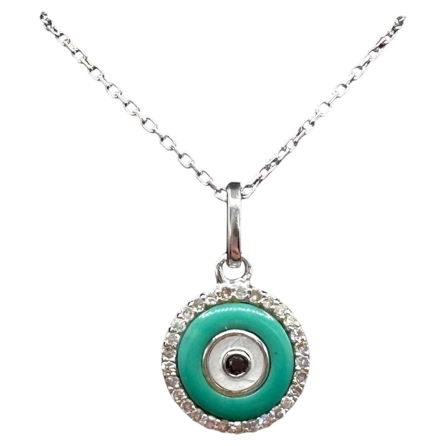 14K White Gold Diamond Evil Eye Necklace 0.10ct Enamel 18.5in