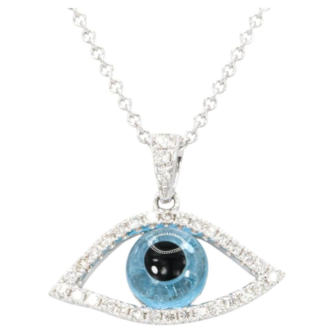 14K White Gold Diamond Evil Eye Pendant Necklace