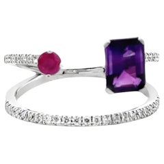 14K White Gold Diamond Fashion Ring with Amethyst & Ruby- Size 7