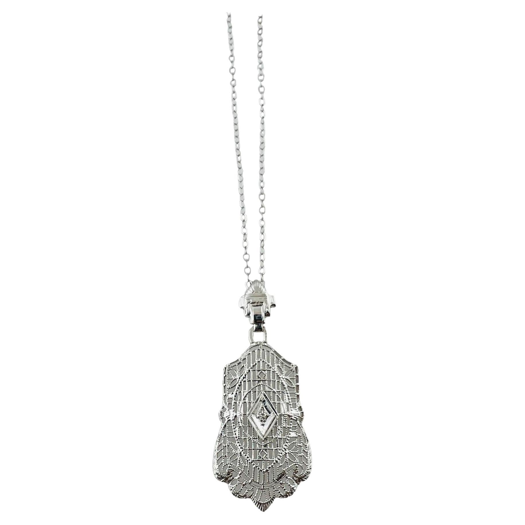 14K White Gold Diamond Filigree Pendant Necklace #16580