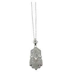 Vintage 14K White Gold Diamond Filigree Pendant Necklace #16580