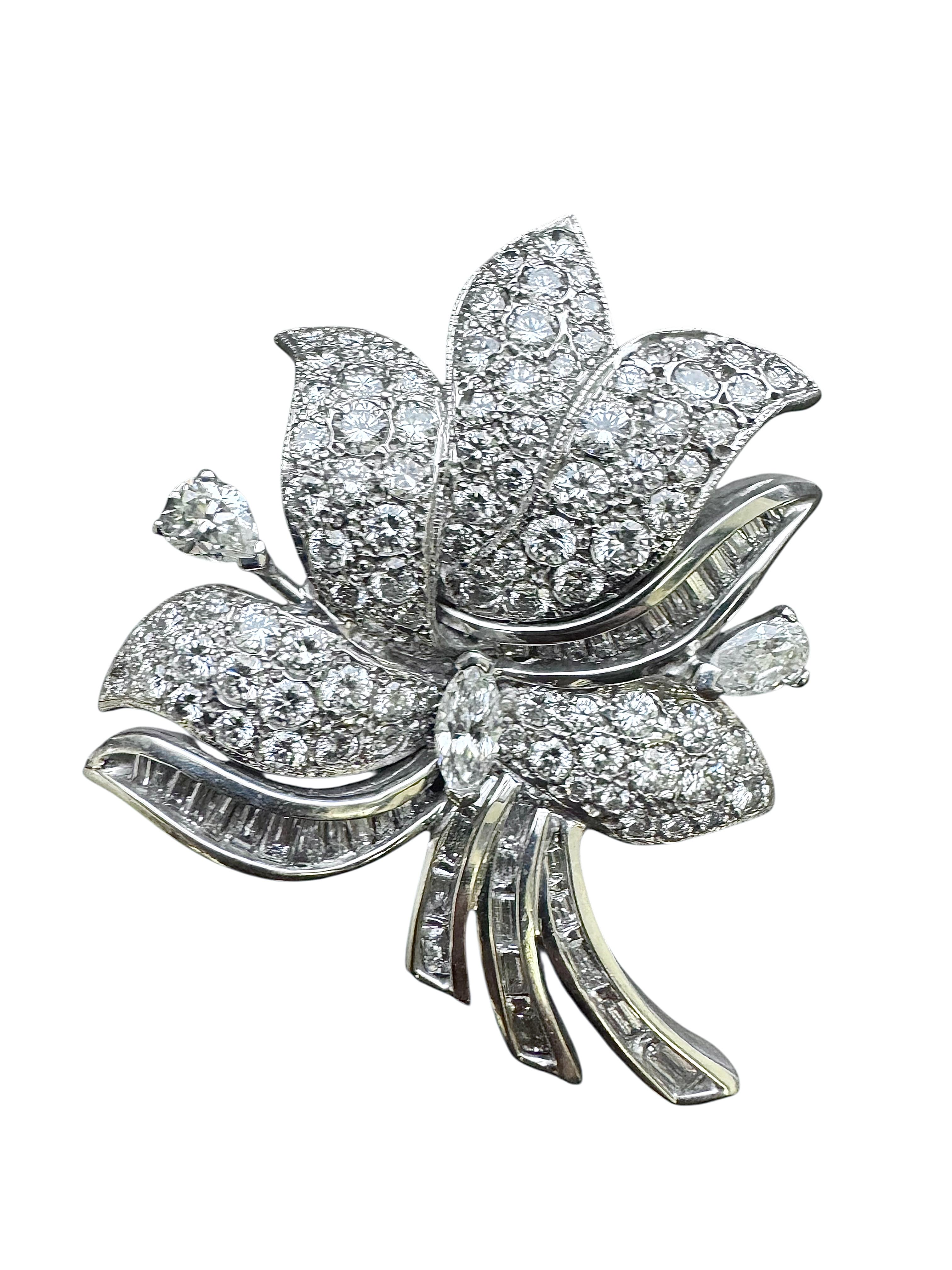 14K Weißgold Diamant-Blumenbrosche
