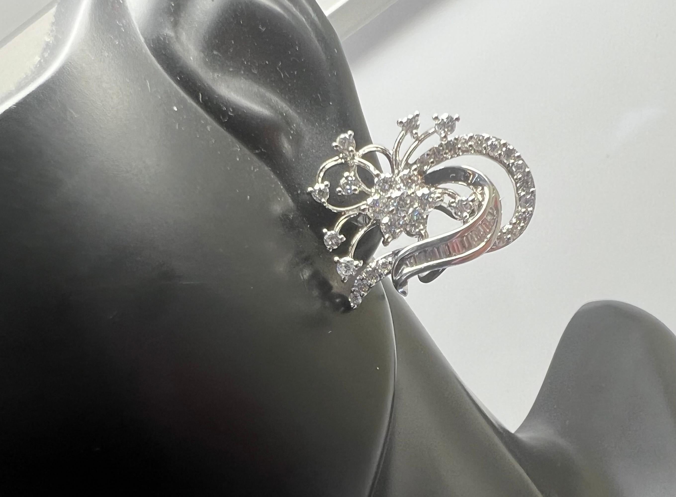 Art Deco 14K White Gold Diamond Flower Baguette Leaver Back Earrings For Sale