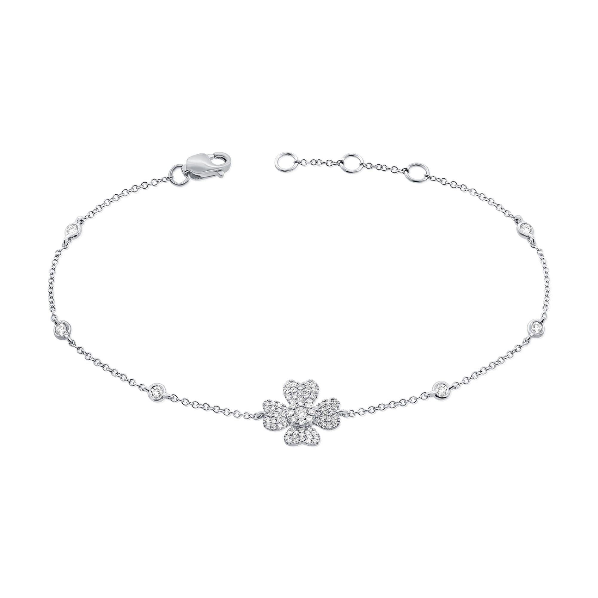 Baguette Cut 14K White Gold Diamond Flower Chain Bracelet For Sale