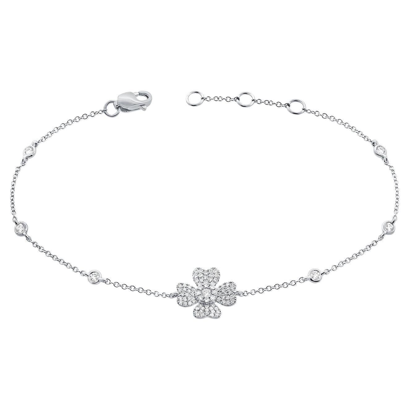 Bracelet à chaîne fleur en or blanc 14 carats et diamants