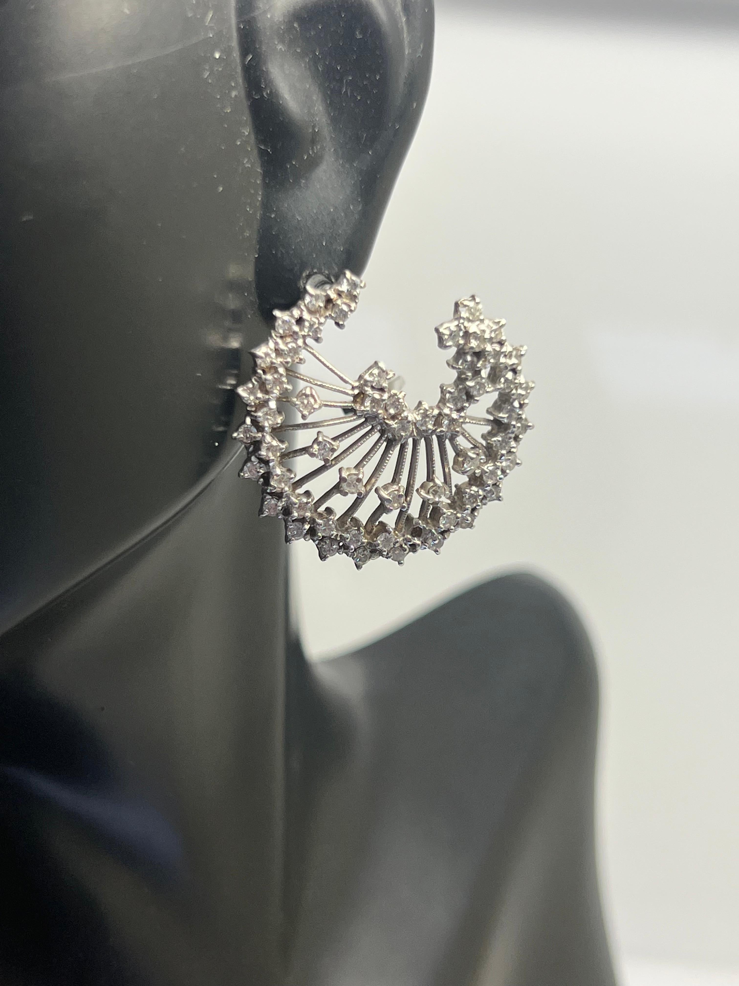 Art Deco 14K White Gold Diamond Flower Circle Leaver Back Earrings For Sale