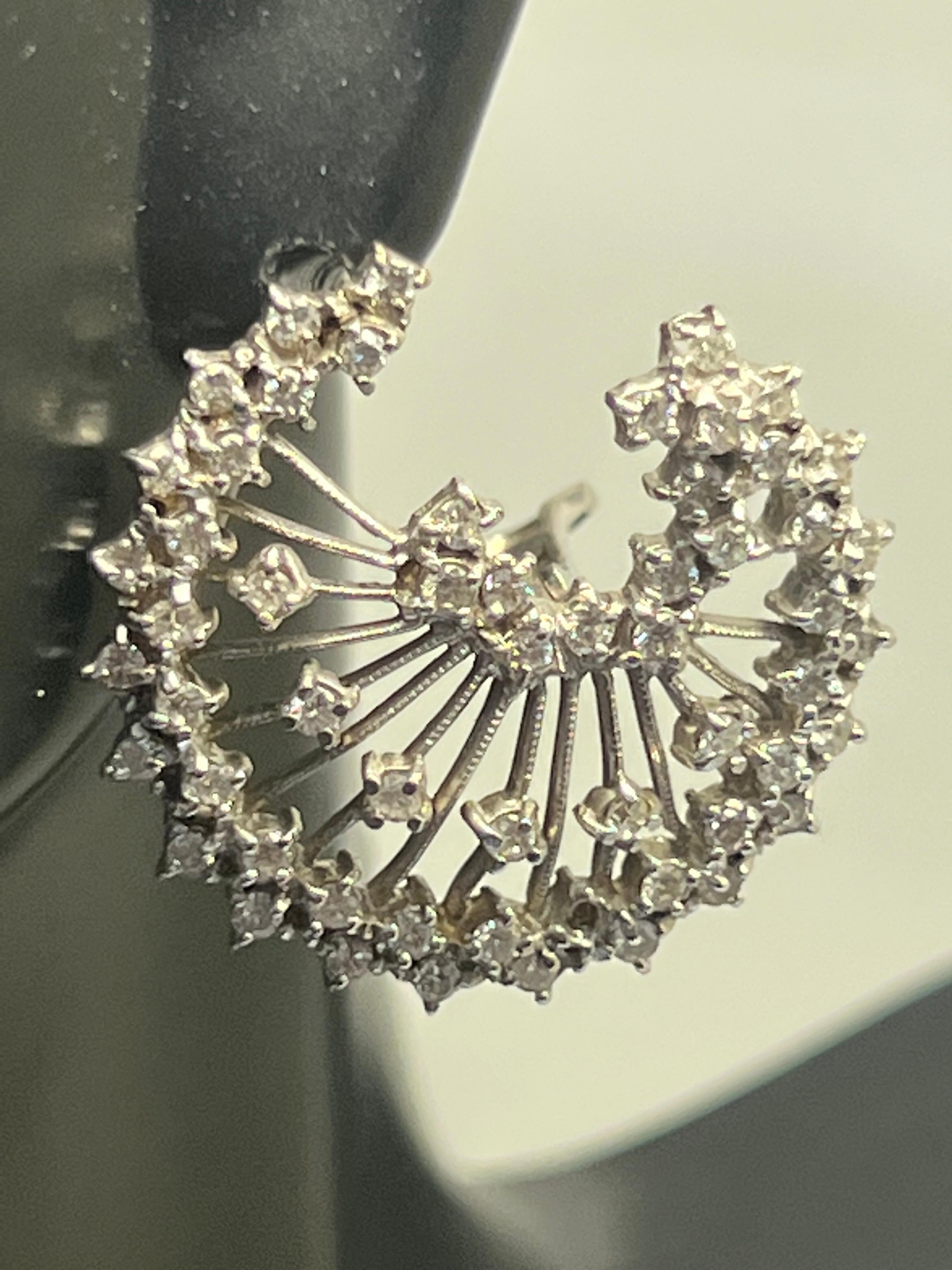 Round Cut 14K White Gold Diamond Flower Circle Leaver Back Earrings For Sale