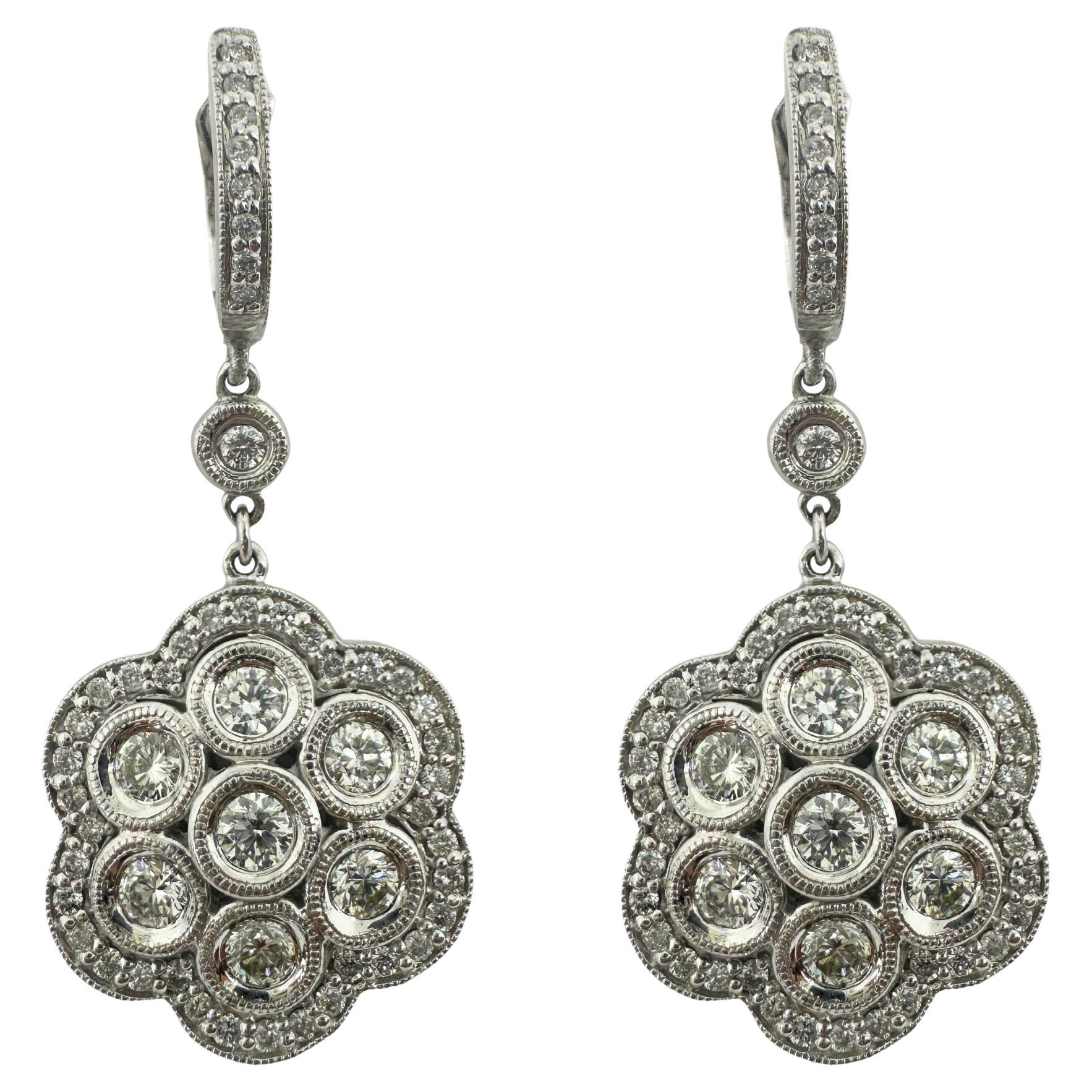 14K White Gold Diamond Flower Earrings