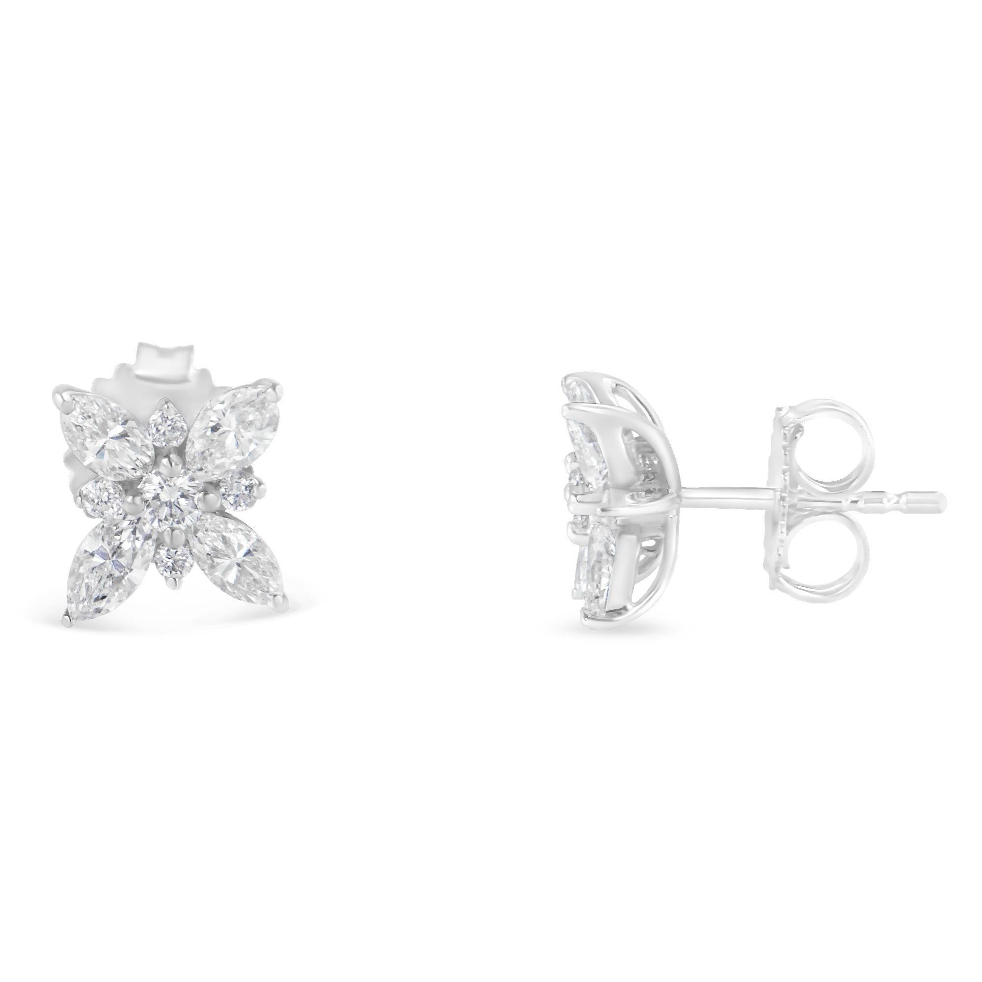 Impress all at the next party you attend with this gorgeous pair of diamond stud earrings. Created with the finest 14k white gold, this piece is made with the most fabulous flower design. It's embellished with 8 marquise cut diamonds and 2 round cut