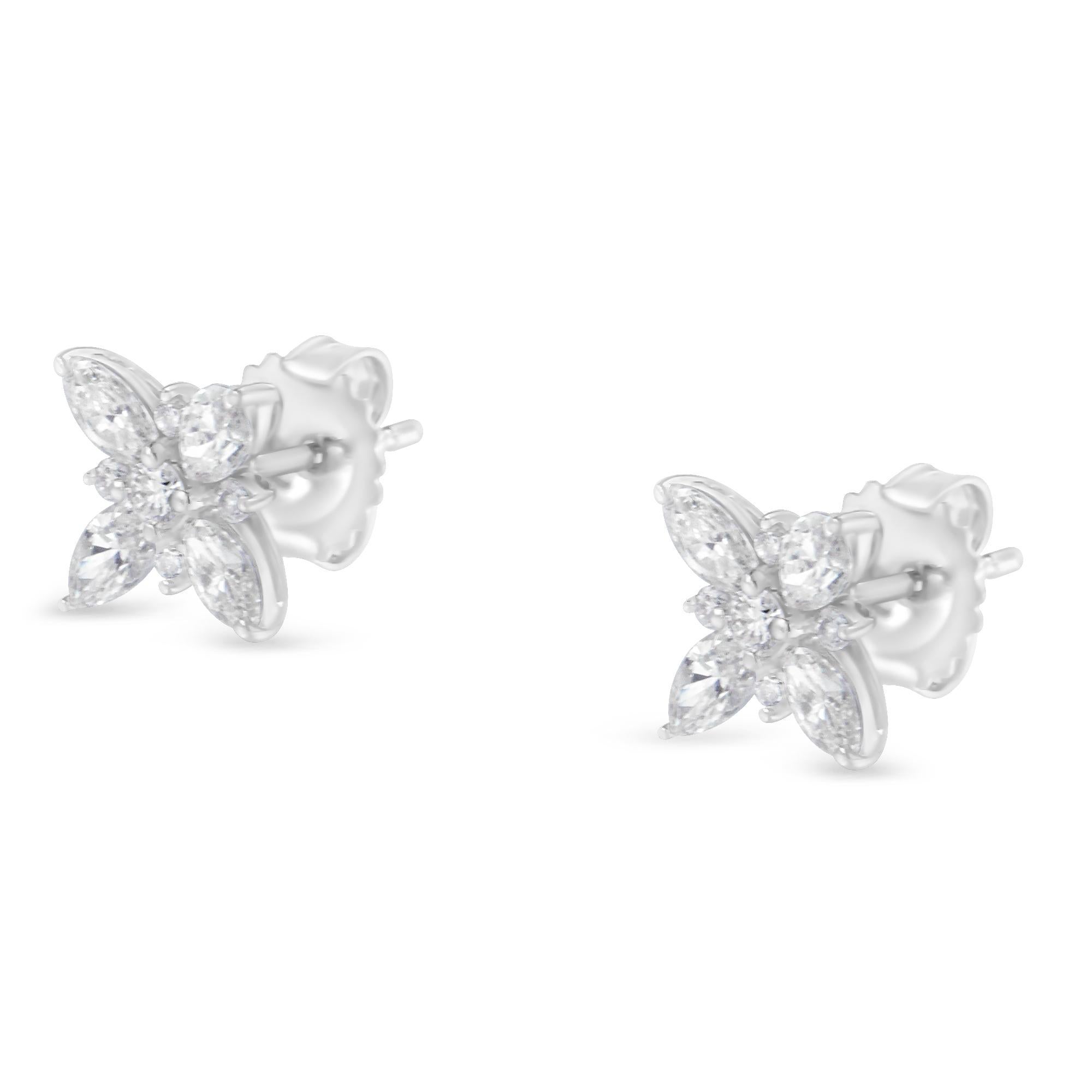 Modern 14K White Gold Diamond Flower Stud Earring For Sale
