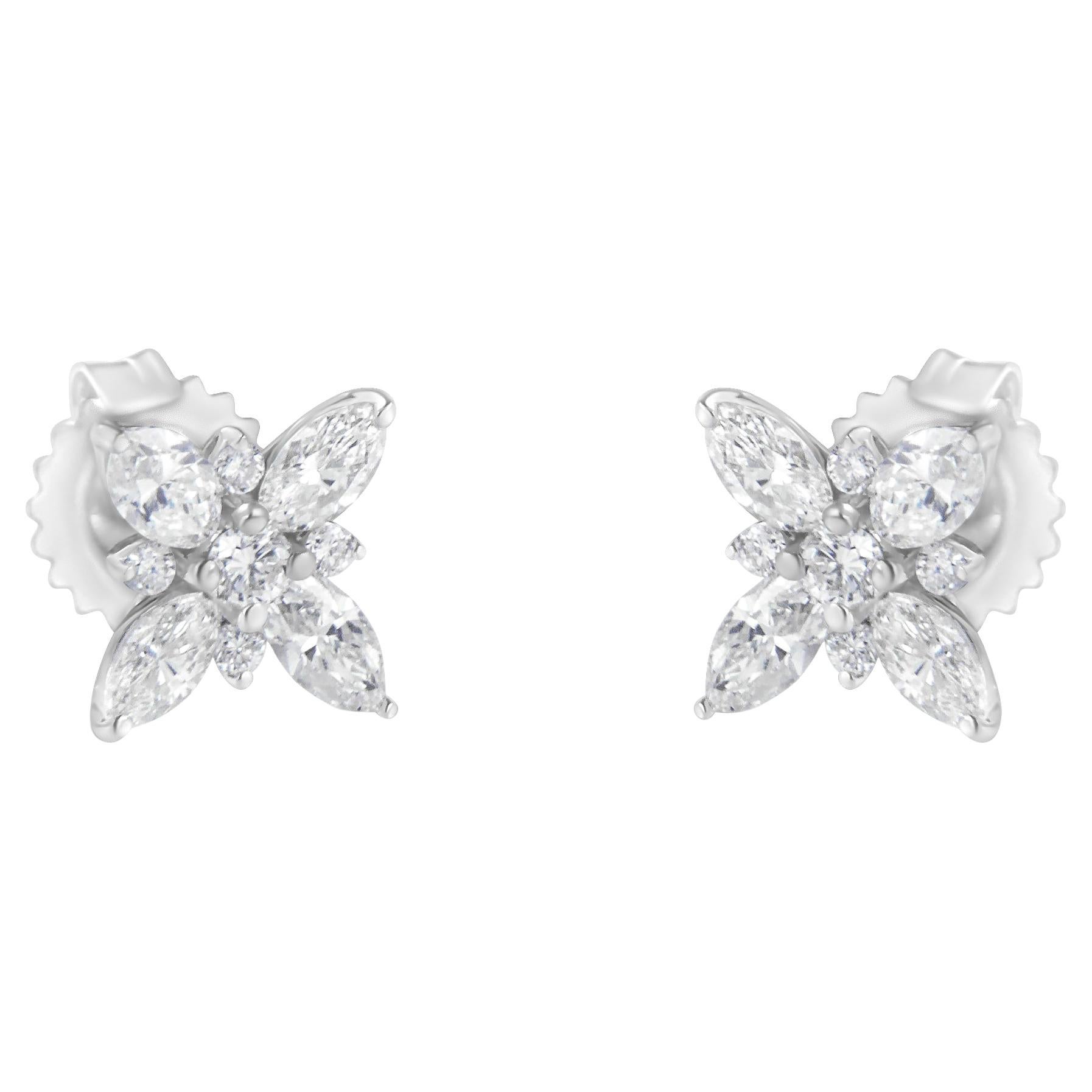 14K White Gold Diamond Flower Stud Earring