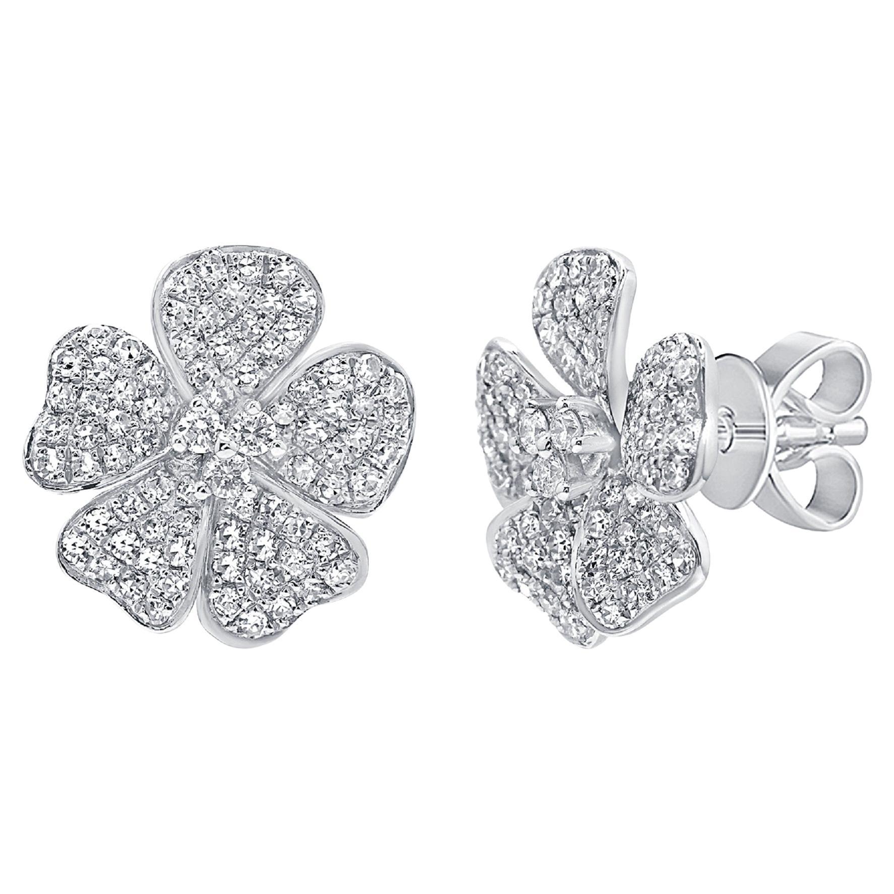 14K White Gold Diamond Flower Stud Earrings for Her For Sale