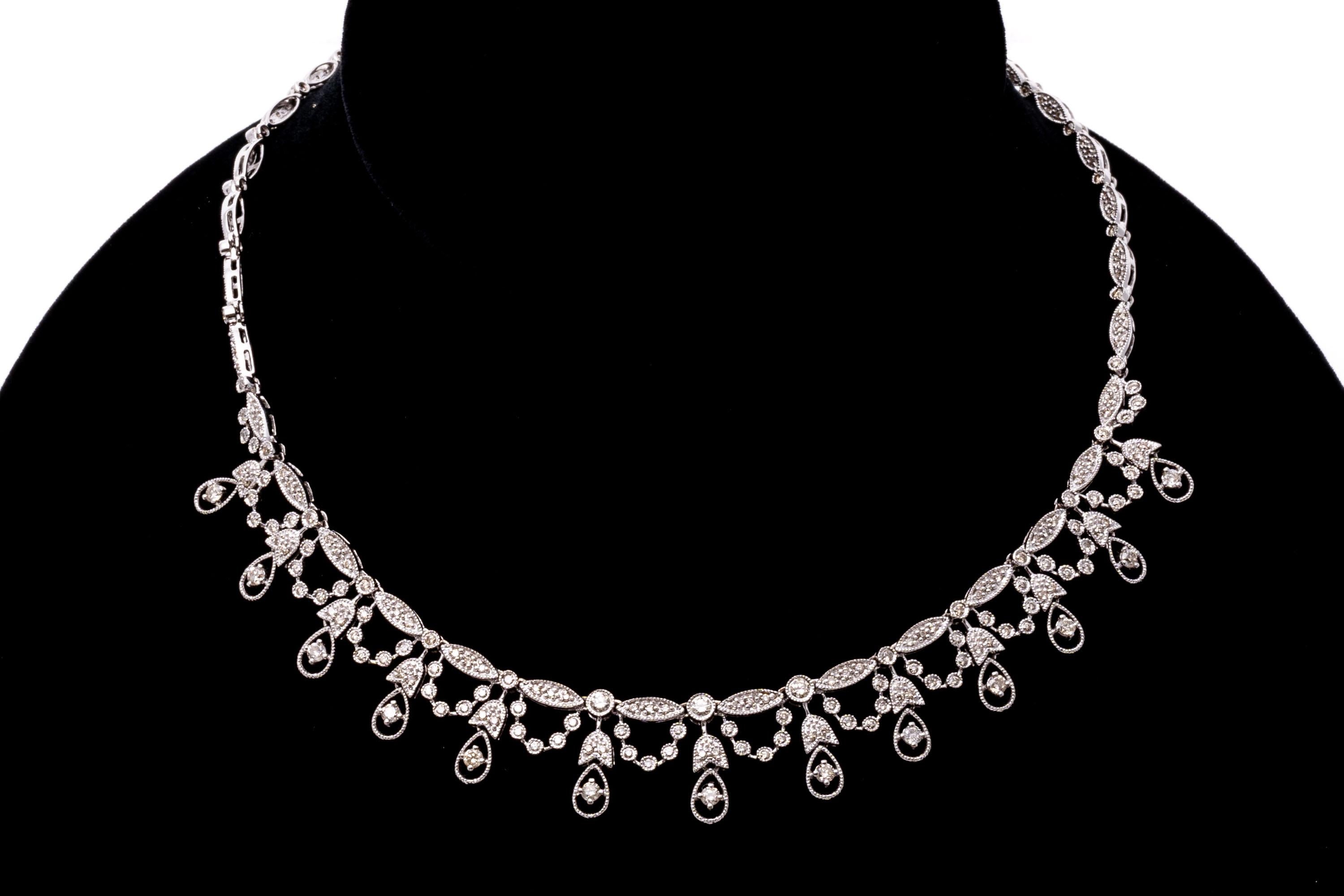 14k White Gold Diamond Fringed Necklace For Sale 4