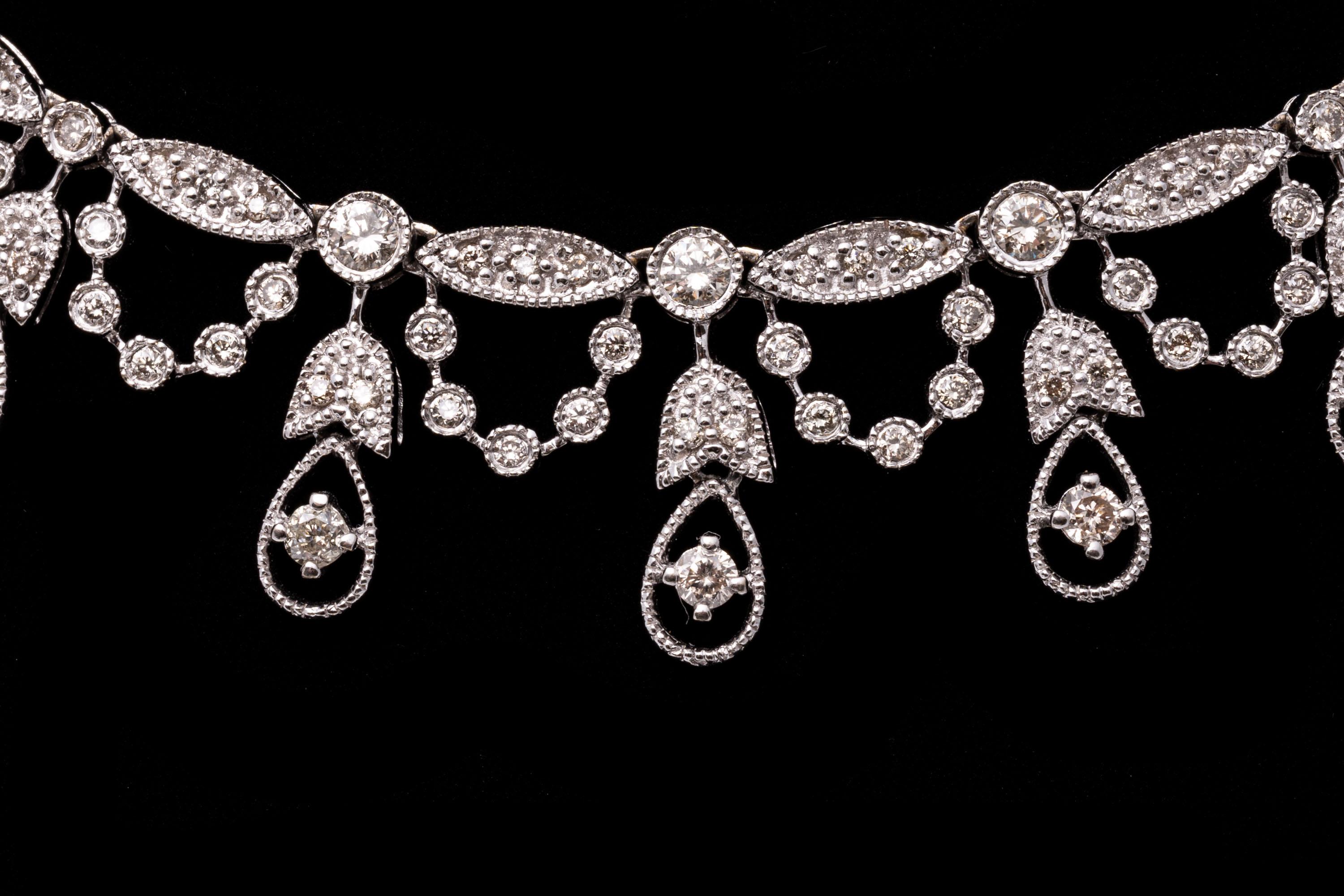 Retro 14k White Gold Diamond Fringed Necklace For Sale