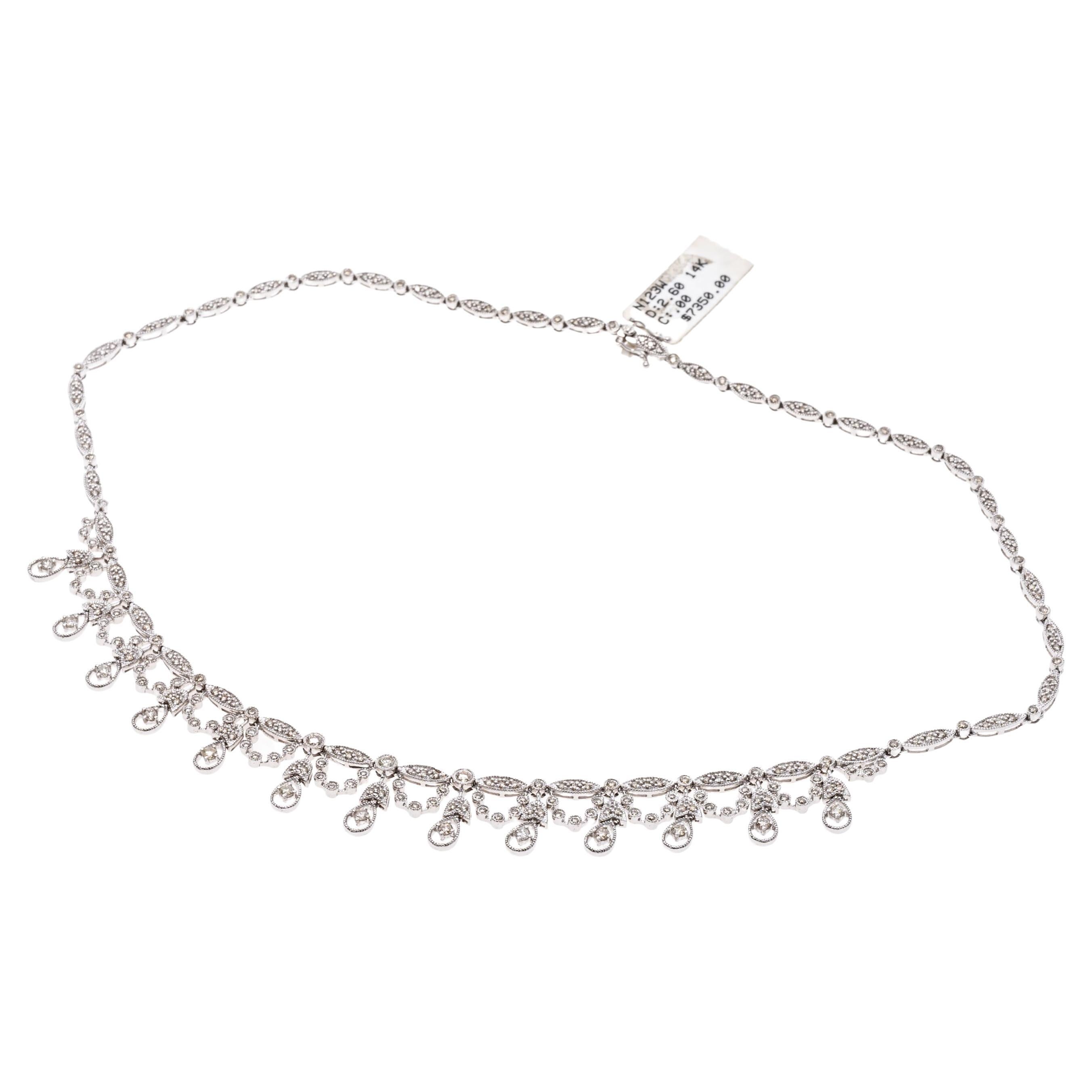 14k White Gold Diamond Fringed Necklace For Sale