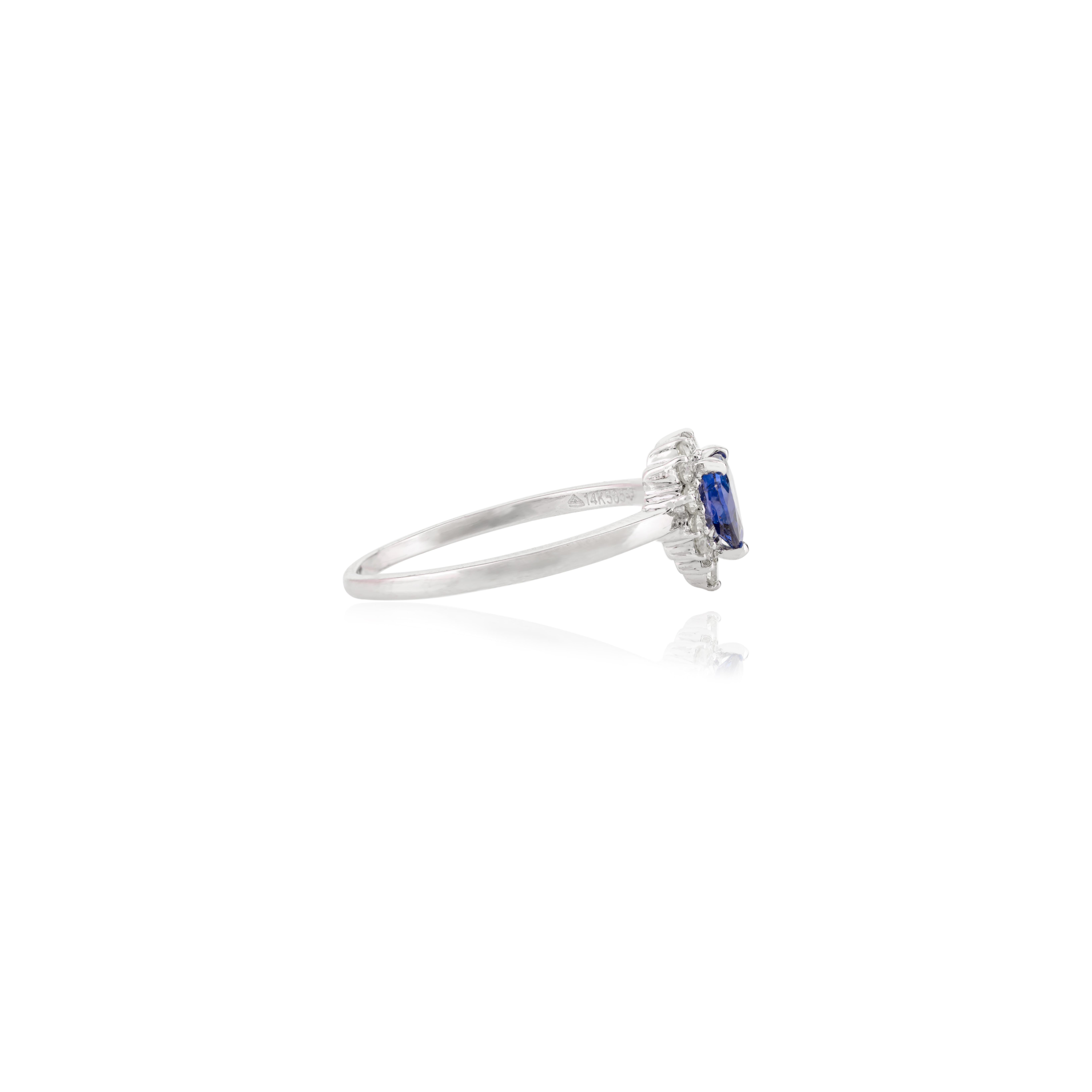 En venta: 14k Oro Blanco Diamante Halo Zafiro Azul Piedra de Nacimiento Corazón Anillo de Propuesta para ella  5