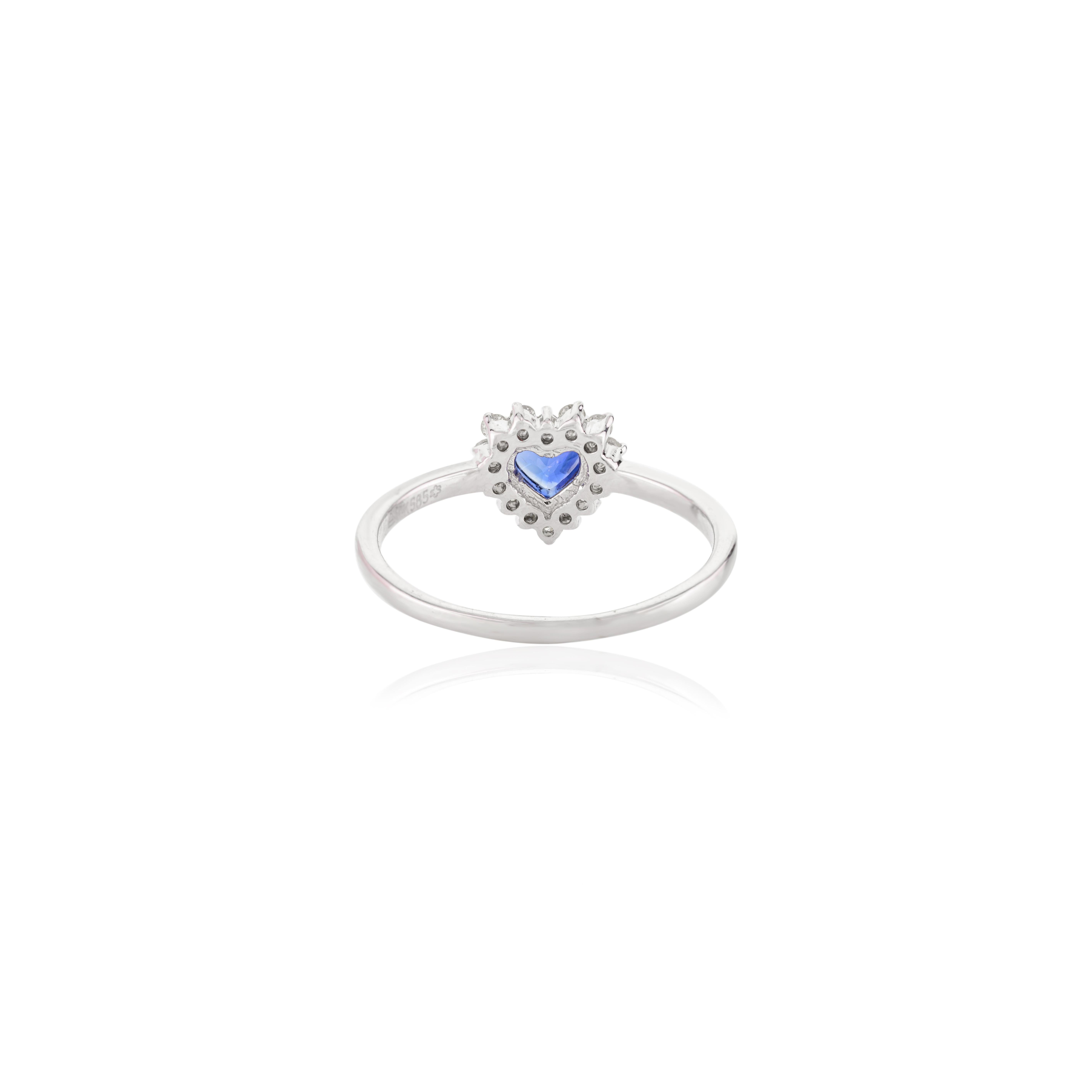 En venta: 14k Oro Blanco Diamante Halo Zafiro Azul Piedra de Nacimiento Corazón Anillo de Propuesta para ella  7