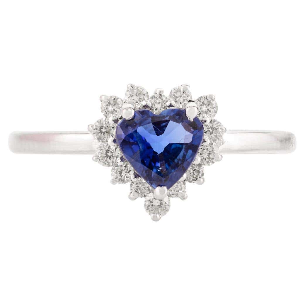Customizable 14k White Gold Diamond Halo Blue Sapphire Birthstone Heart ...