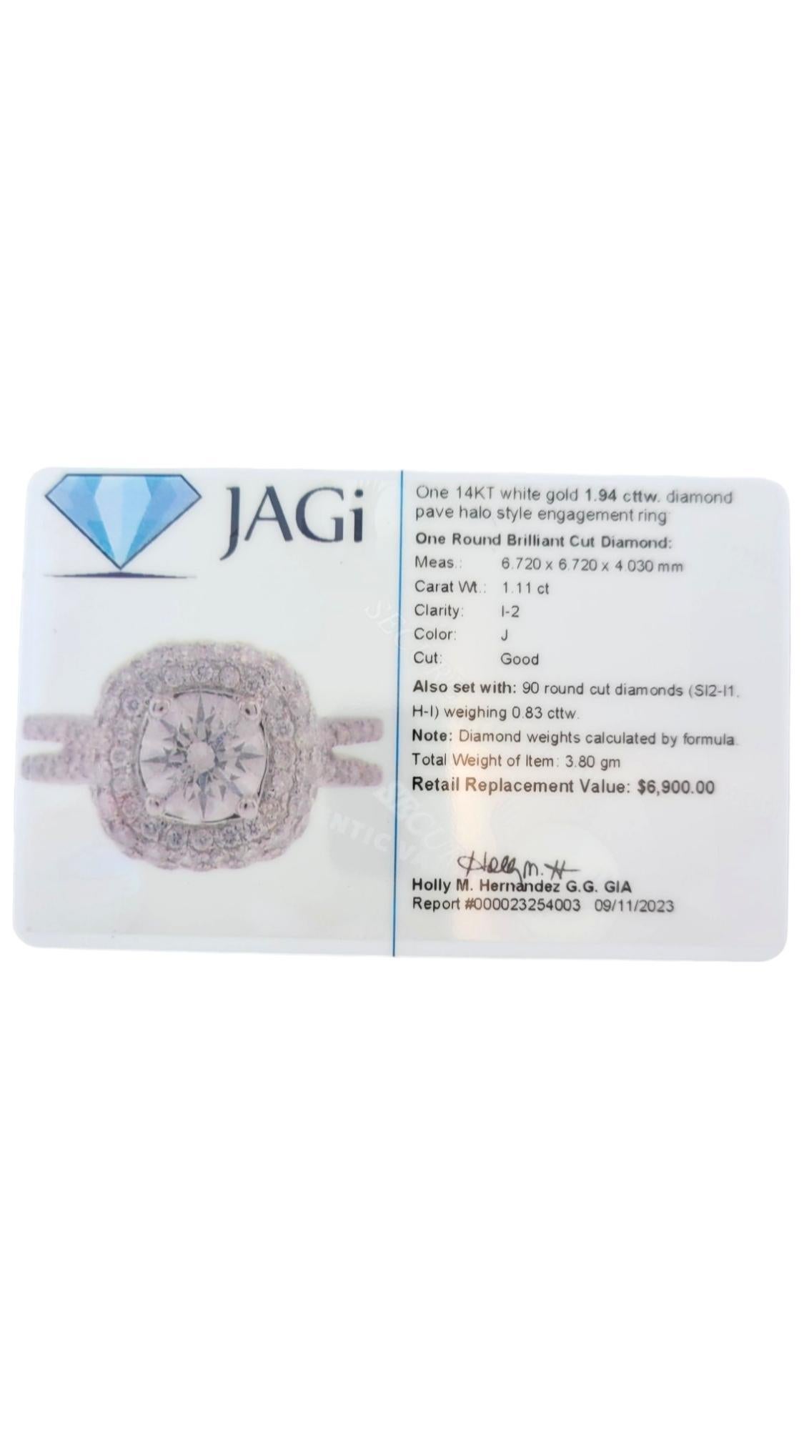 14K White Gold Diamond Halo Engagement Ring 1.94cttw. Certified #16953 For Sale 3