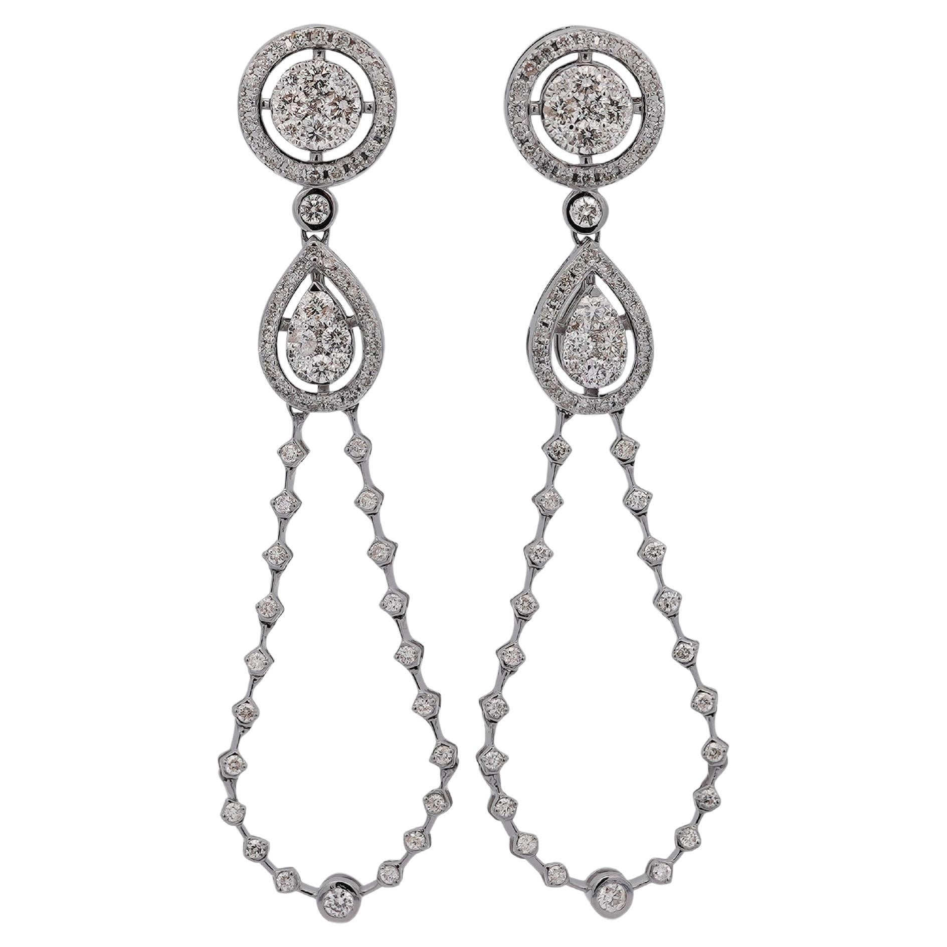 14K White Gold Diamond Halo Forming Circle Hang Drop Earrings