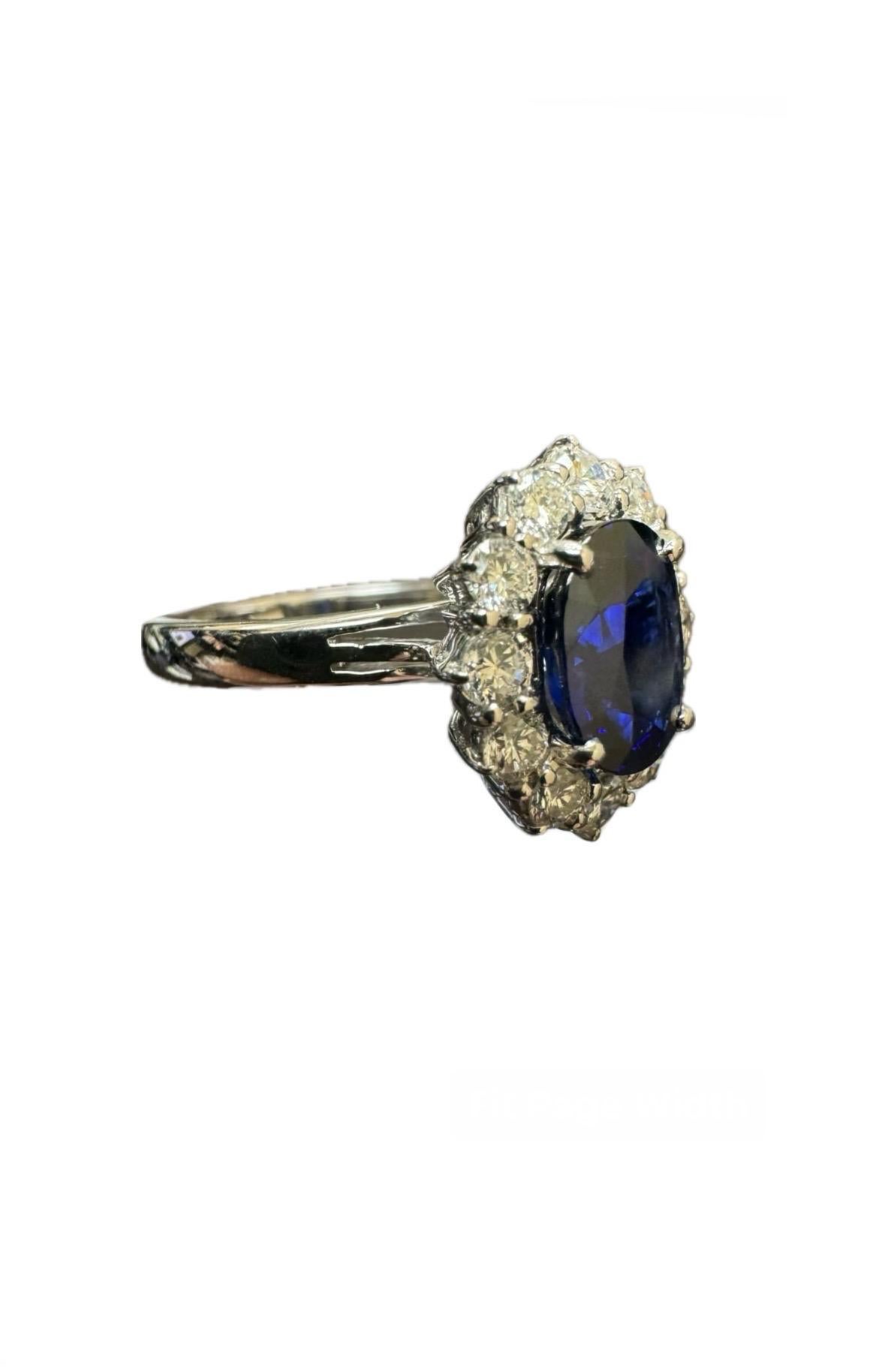 Oval Cut 14K White Gold Diamond Halo GIA 2.25 Carat Royal Blue Sapphire Engagement Ring For Sale