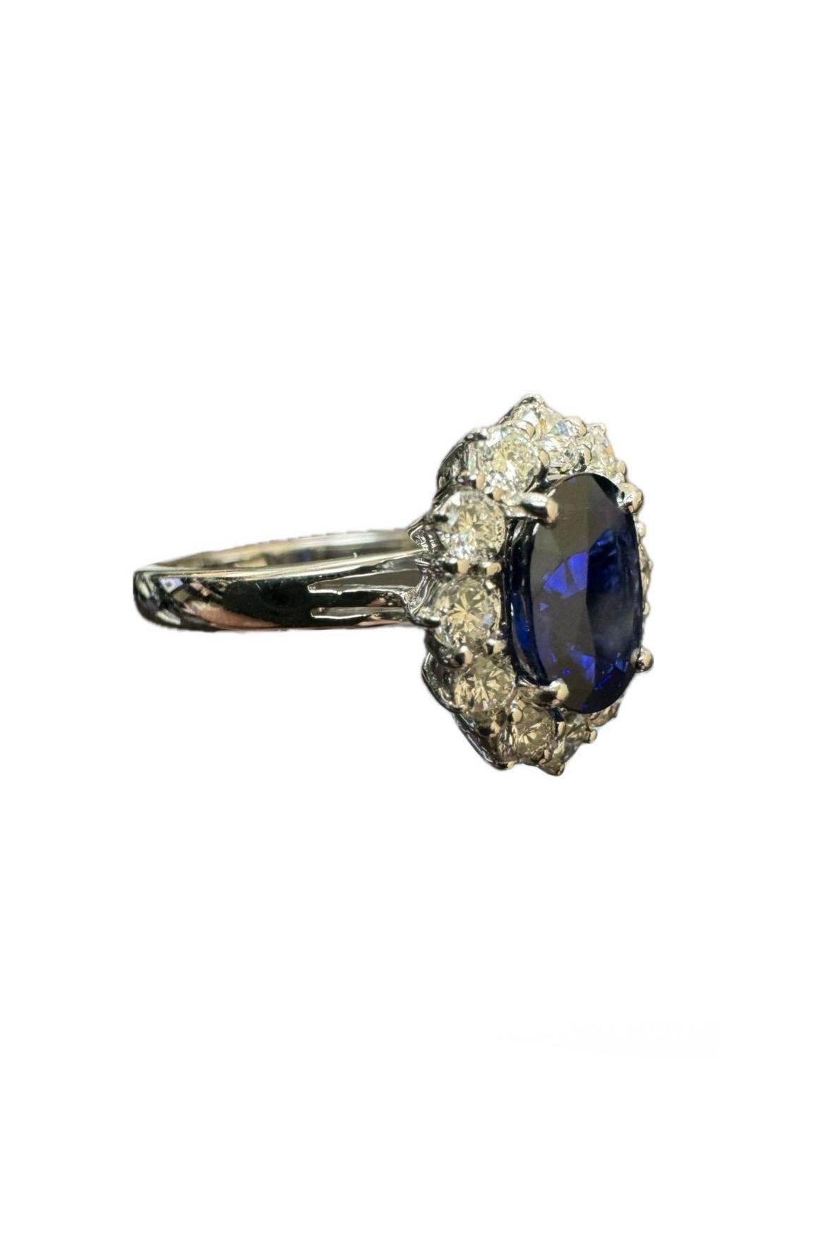 Women's 14K White Gold Diamond Halo GIA 2.25 Carat Royal Blue Sapphire Engagement Ring For Sale