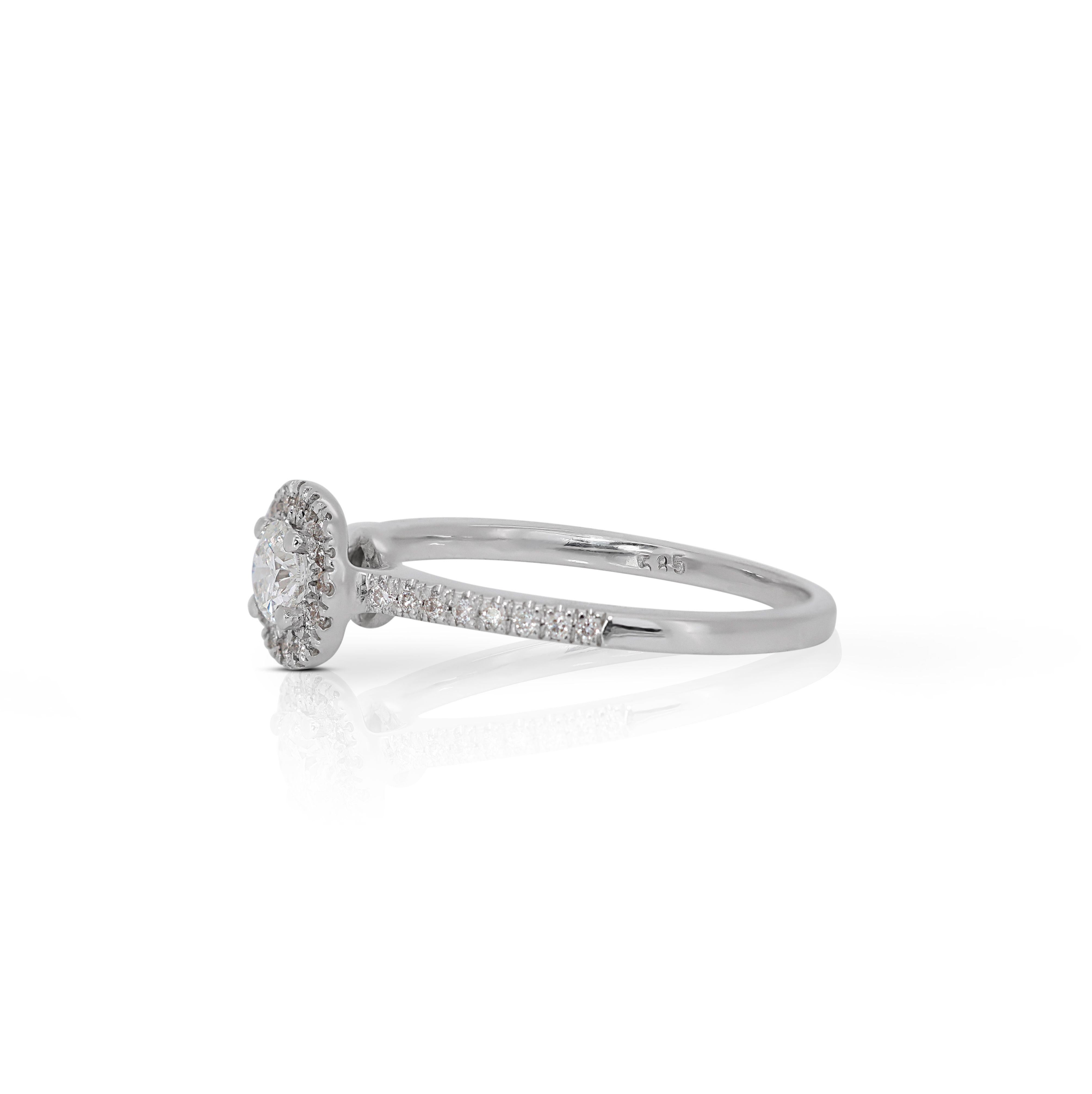 Round Cut 14K White Gold Diamond Halo Pave Ring For Sale