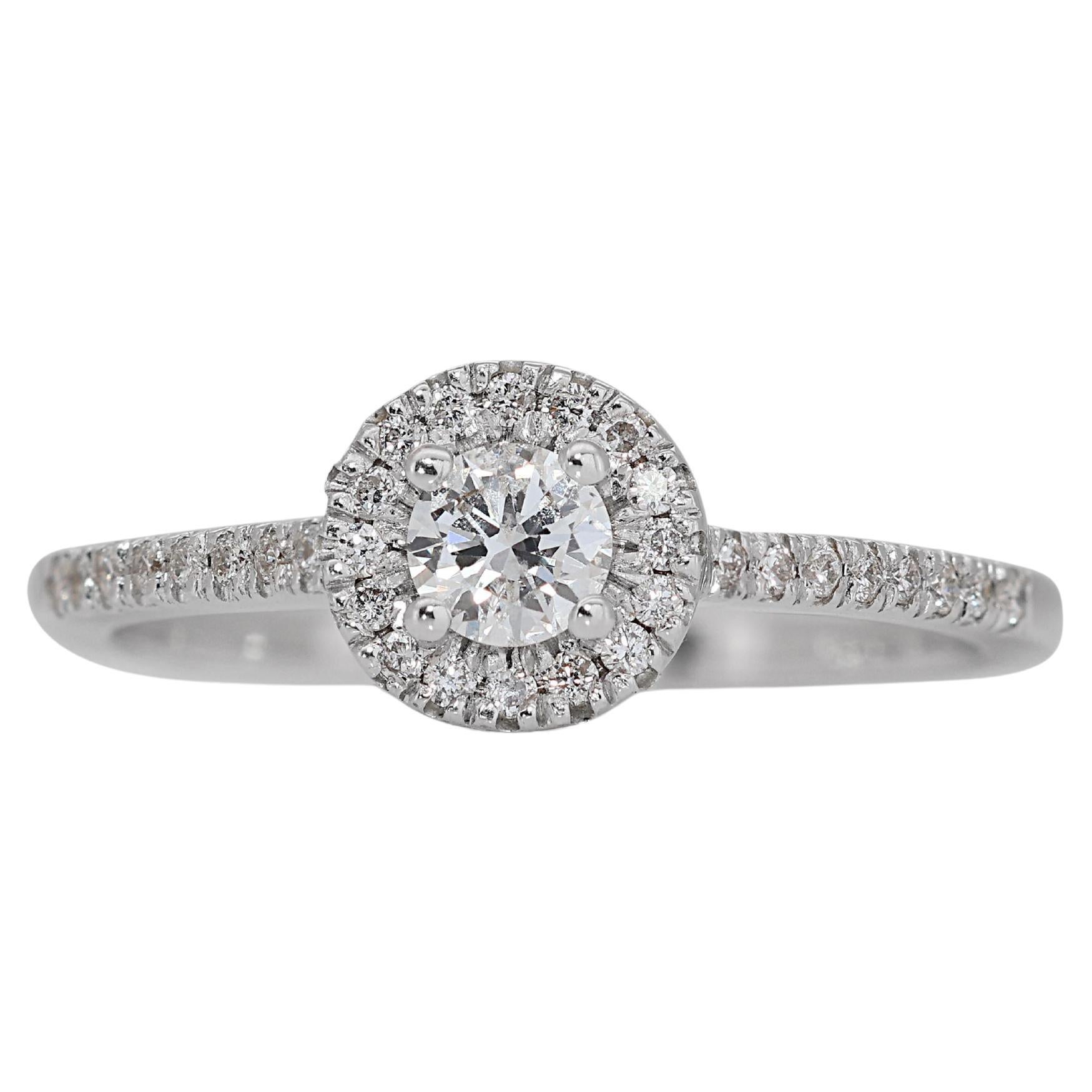 14K White Gold Diamond Halo Pave Ring For Sale