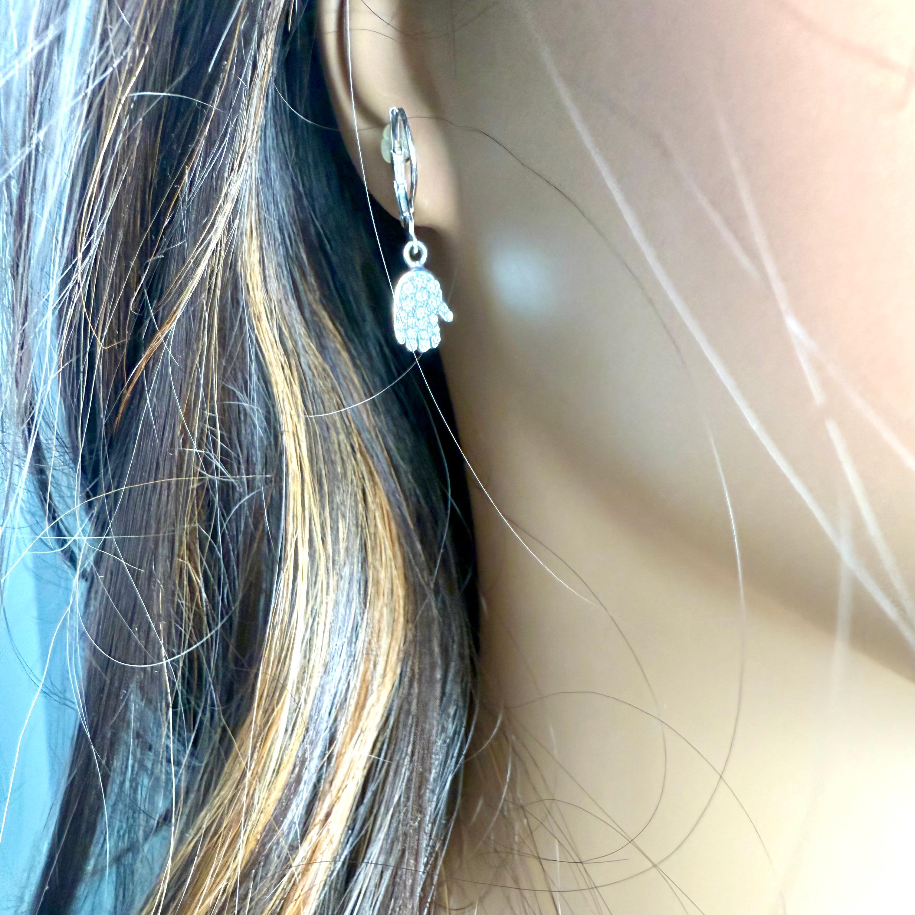 Modern 14K White Gold Diamond Hamsa Lever Back Earrings Symbolic Timeless Protection For Sale