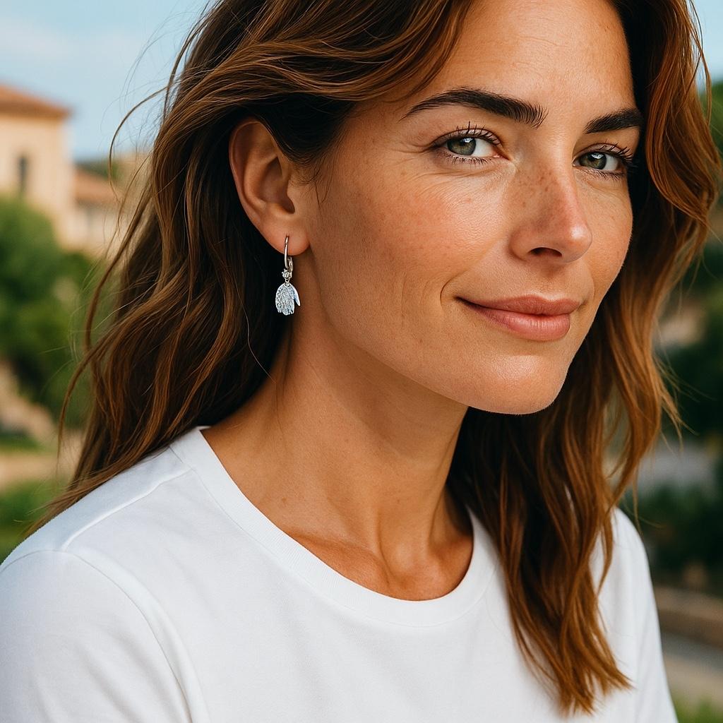 Round Cut 14K White Gold Diamond Hamsa Lever Back Earrings Symbolic Timeless Protection For Sale
