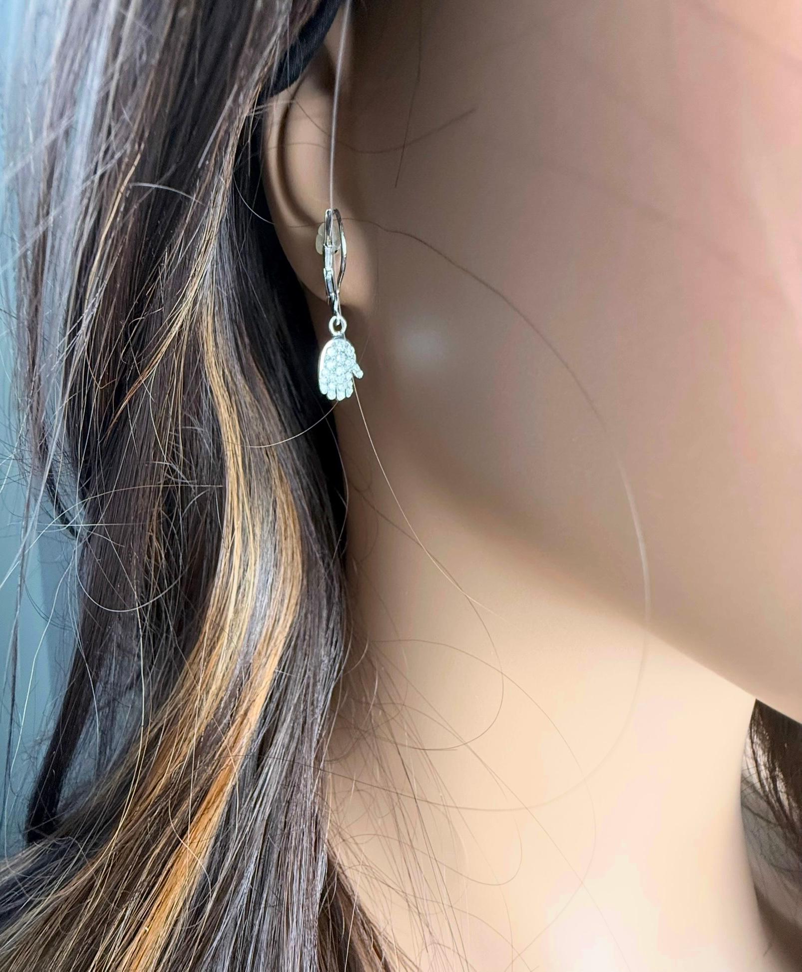 14K White Gold Diamond Hamsa Lever Back Earrings Symbolic Timeless Protection In New Condition For Sale In New York, NY