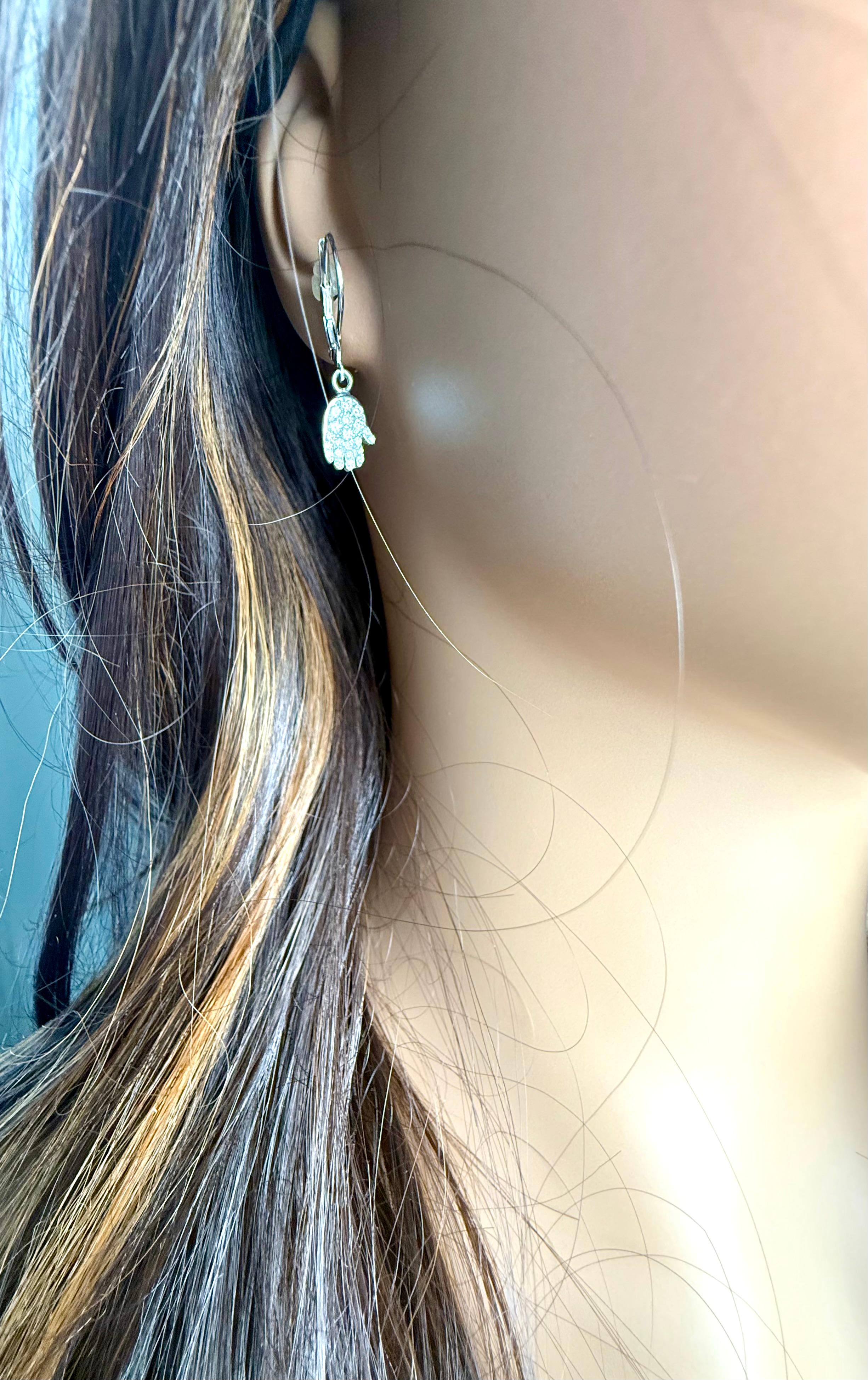 Women's or Men's 14K White Gold Diamond Hamsa Lever Back Earrings Symbolic Timeless Protection For Sale