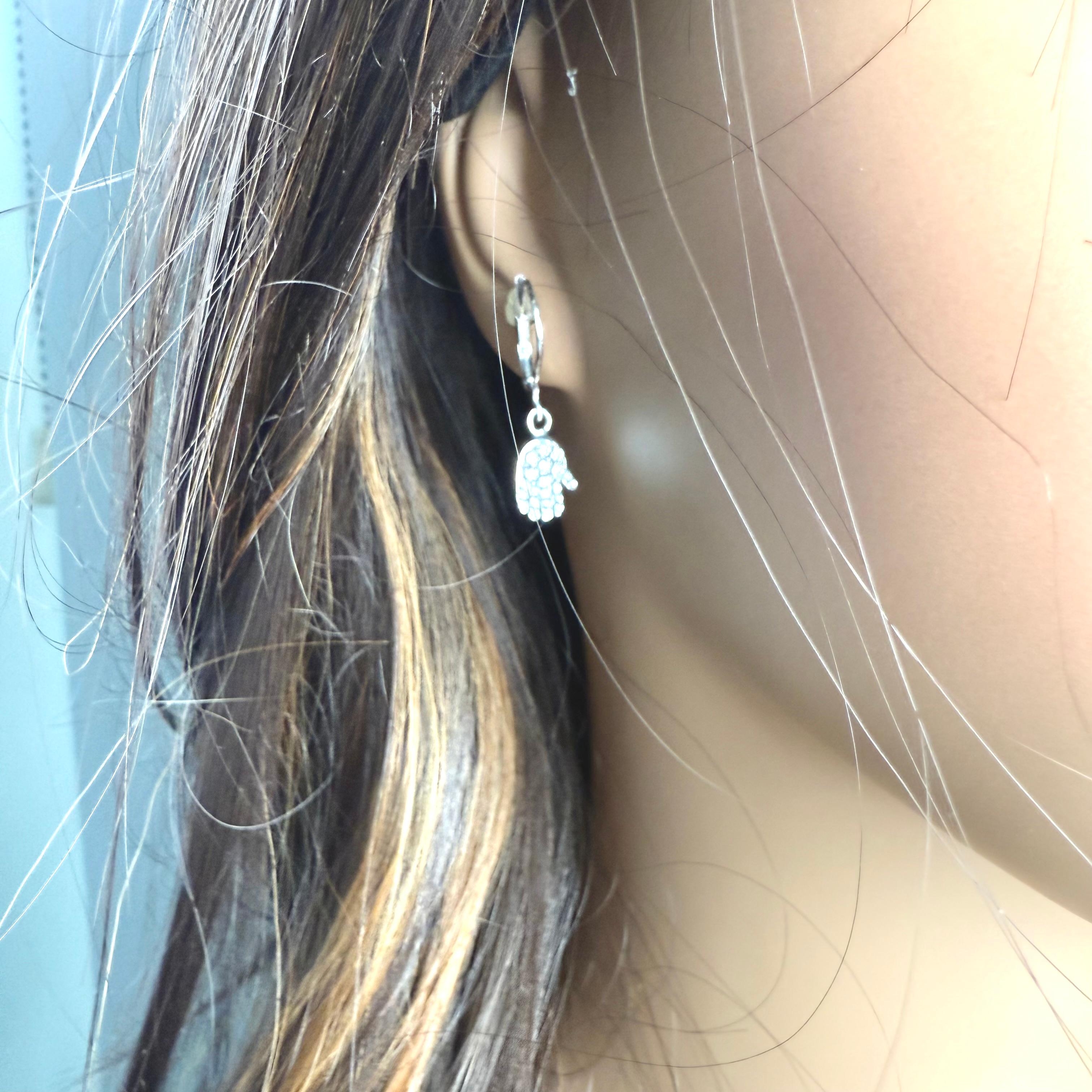 14K White Gold Diamond Hamsa Lever Back Earrings Symbolic Timeless Protection For Sale 1