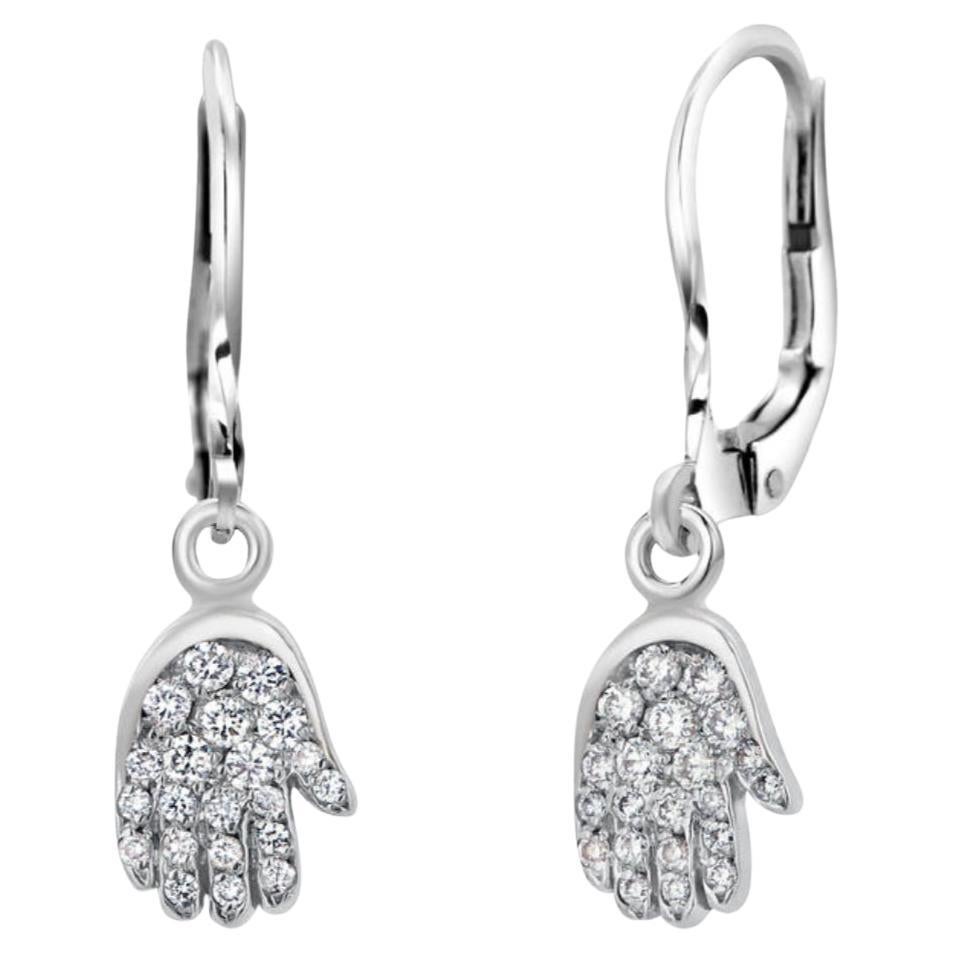 14K White Gold Diamond Hamsa Lever Back Earrings Symbolic Timeless Protection For Sale
