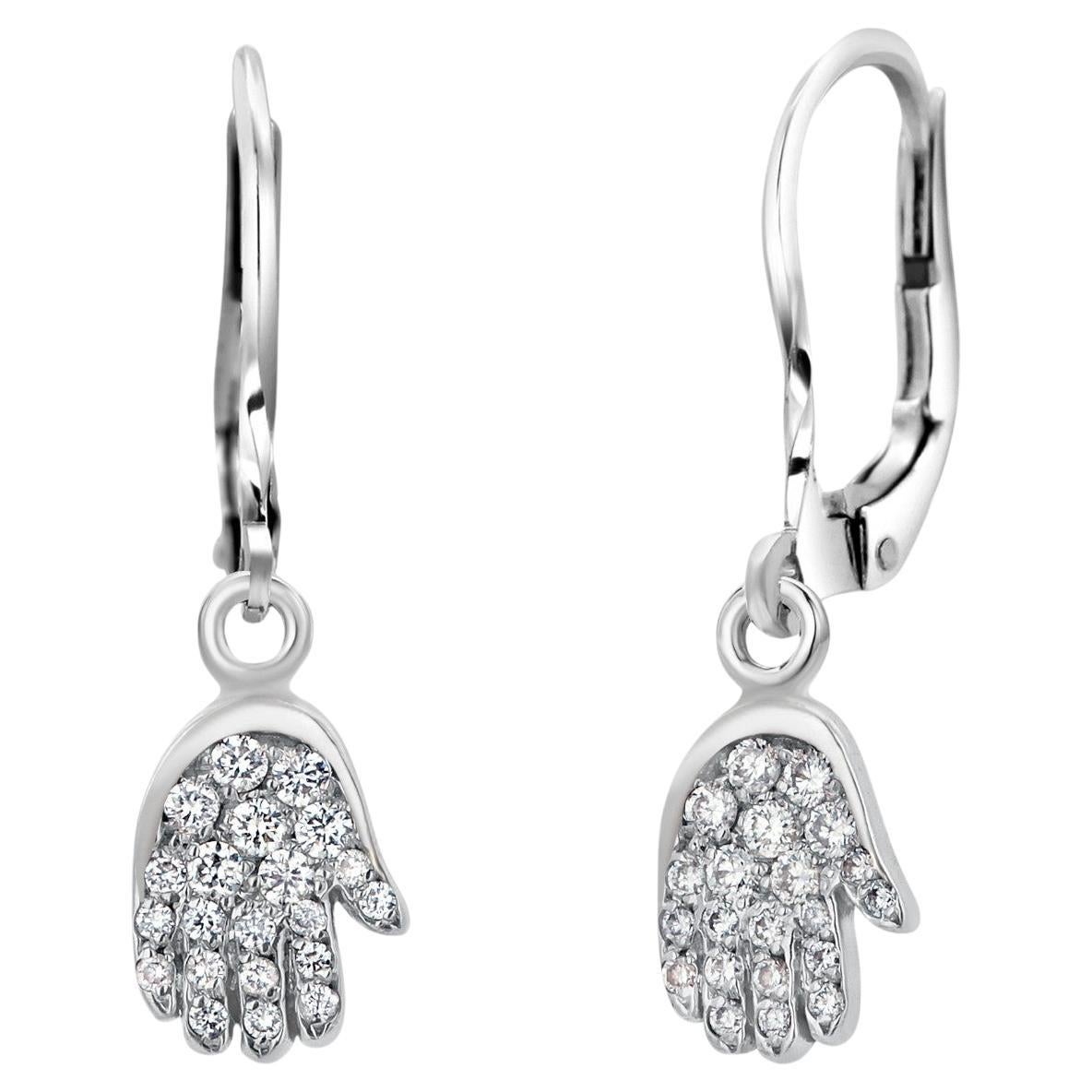 Boucles d'oreilles en or blanc 14K avec diamant Hamsa Symbolique Protection Timeless en vente