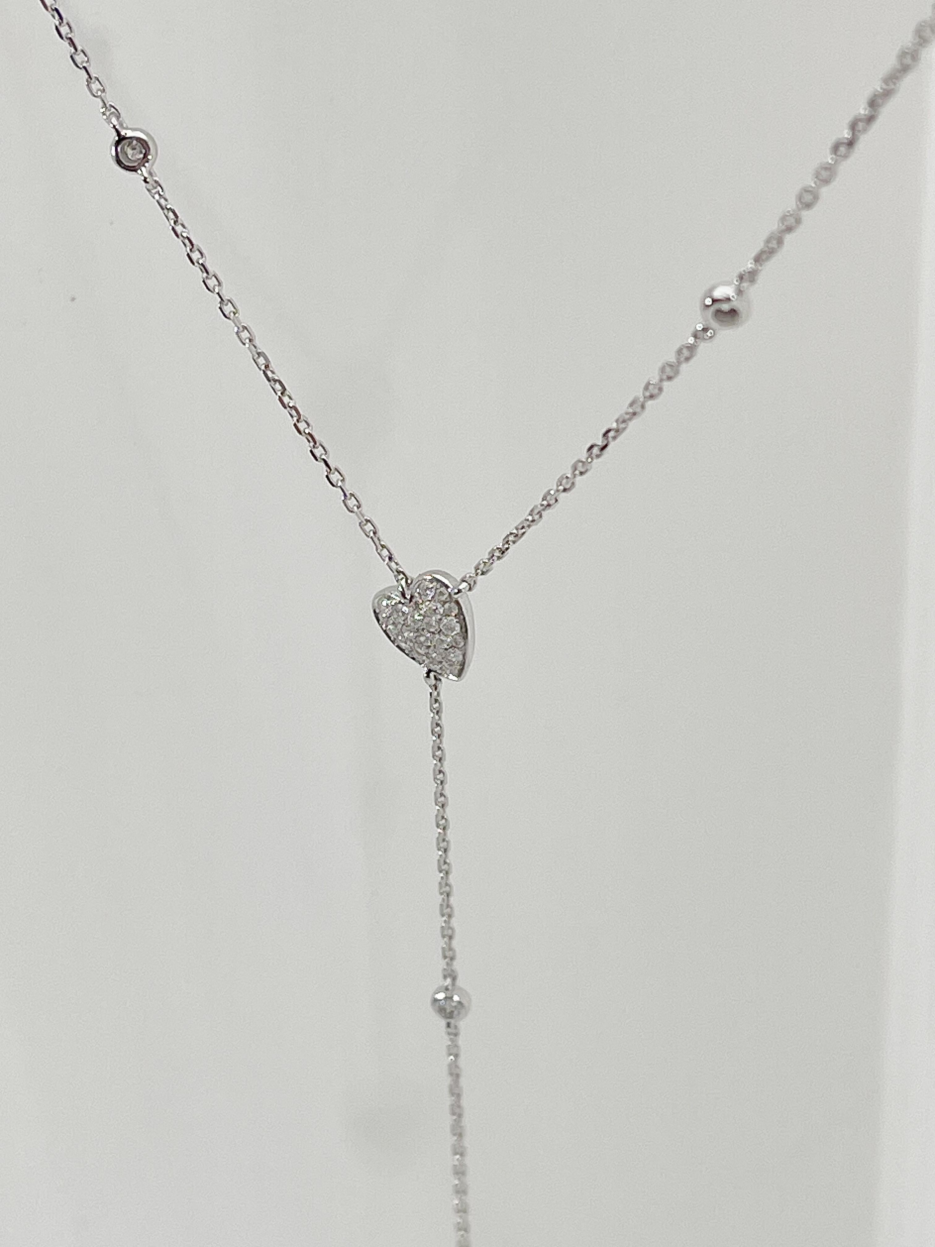 14K White Gold Diamond Heart and Diamond Station Drop Necklace .28 CTW  In New Condition For Sale In Stuart, FL