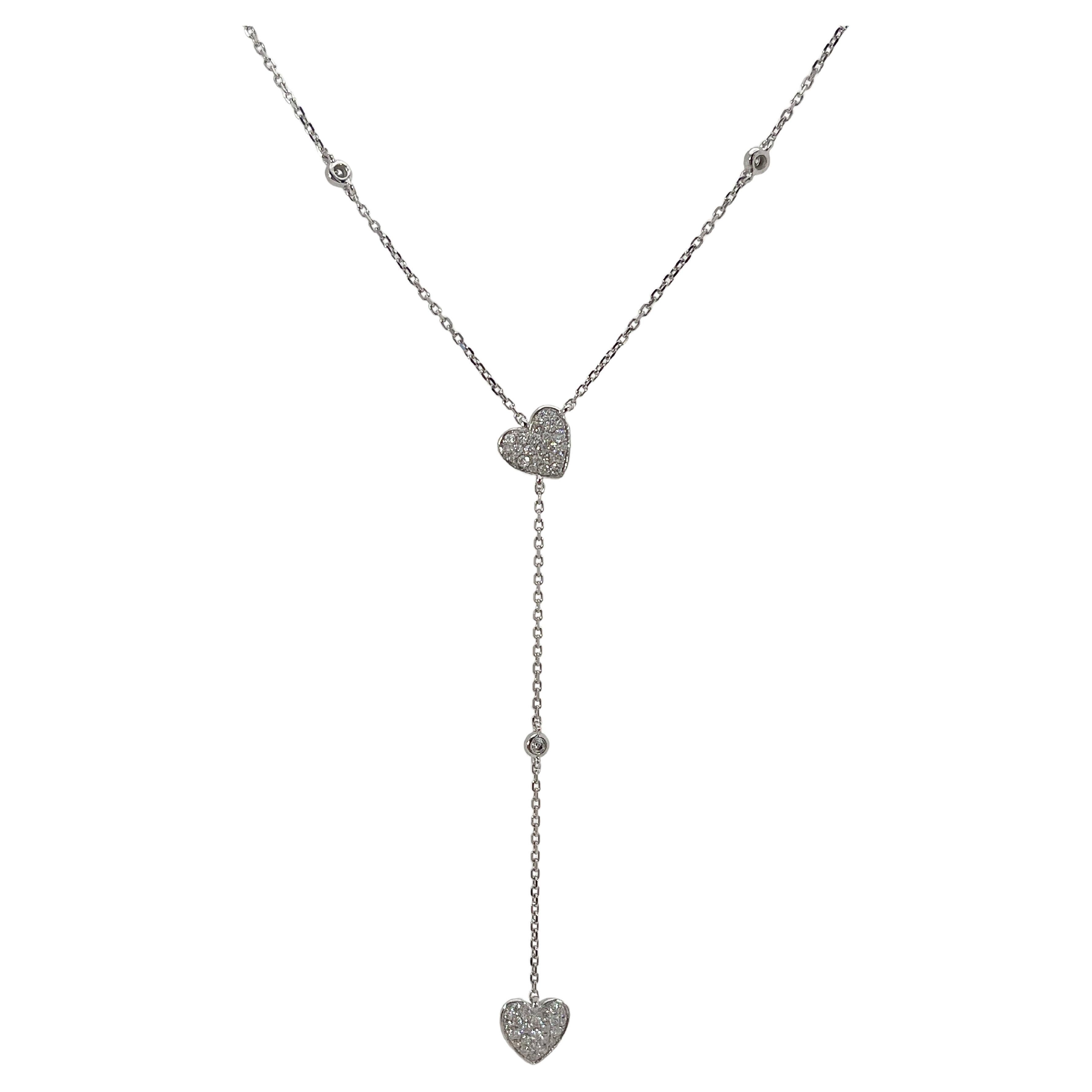 14K White Gold Diamond Heart and Diamond Station Drop Necklace .28 CTW  For Sale