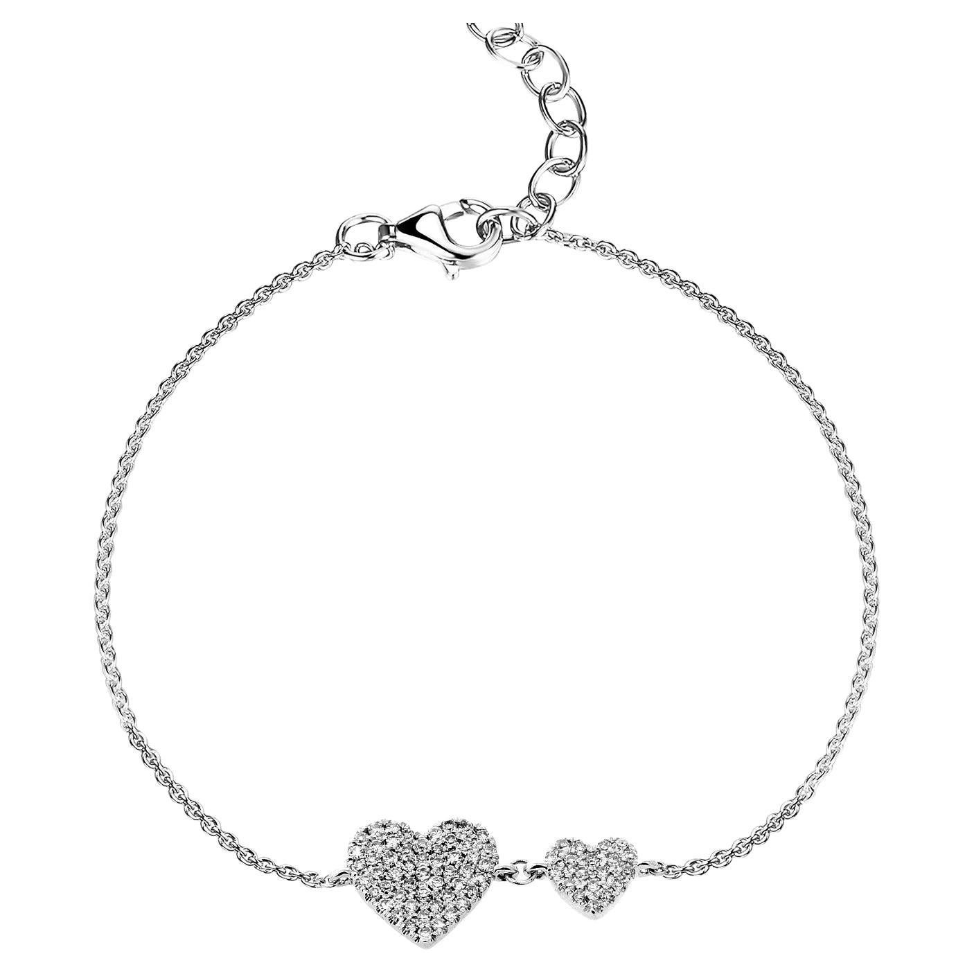 14K White Gold Diamond Heart Chain Bracelet for Her For Sale