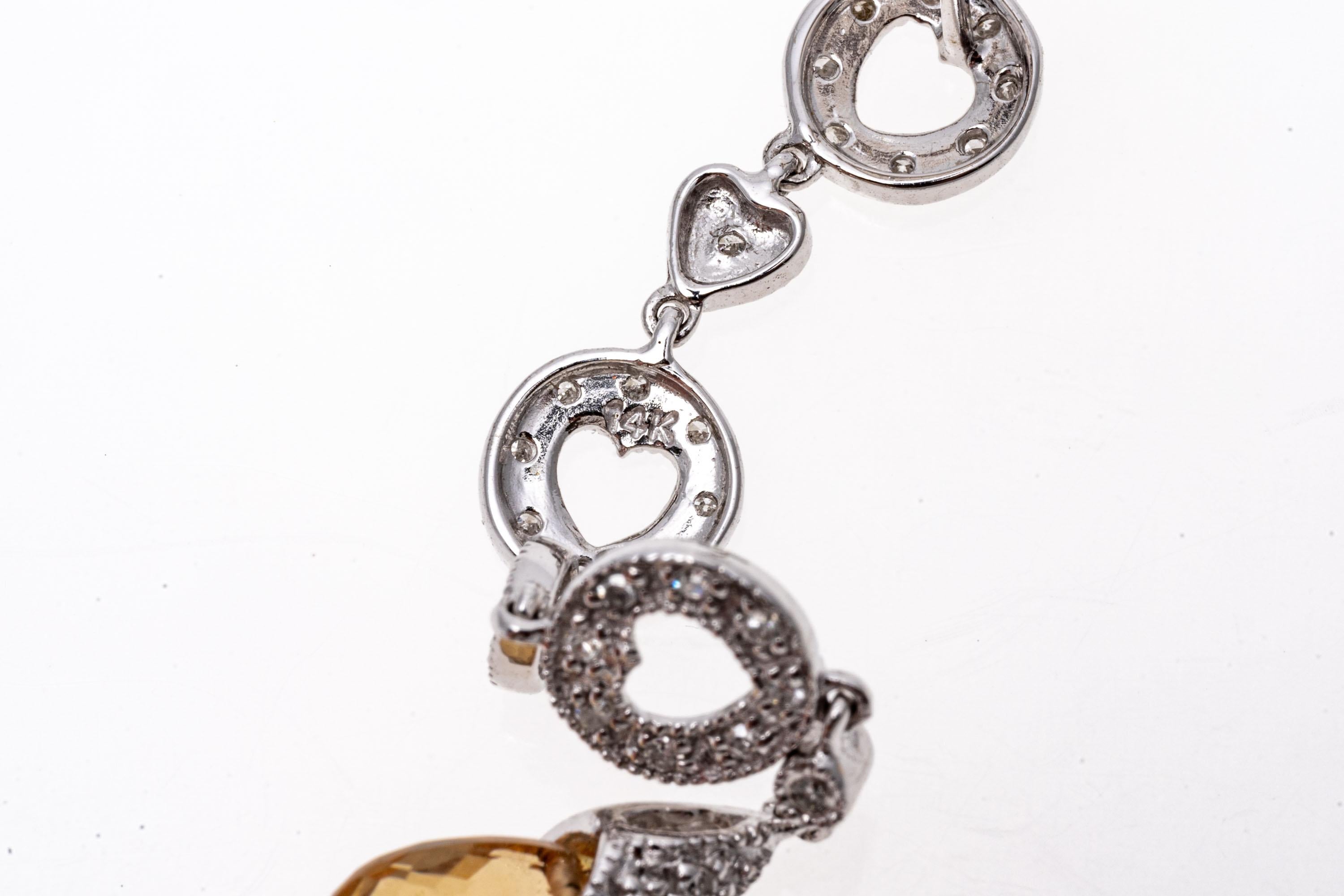 Women's 14k White Gold Diamond Heart Motif and Citrine Briolette Drop Earrings For Sale