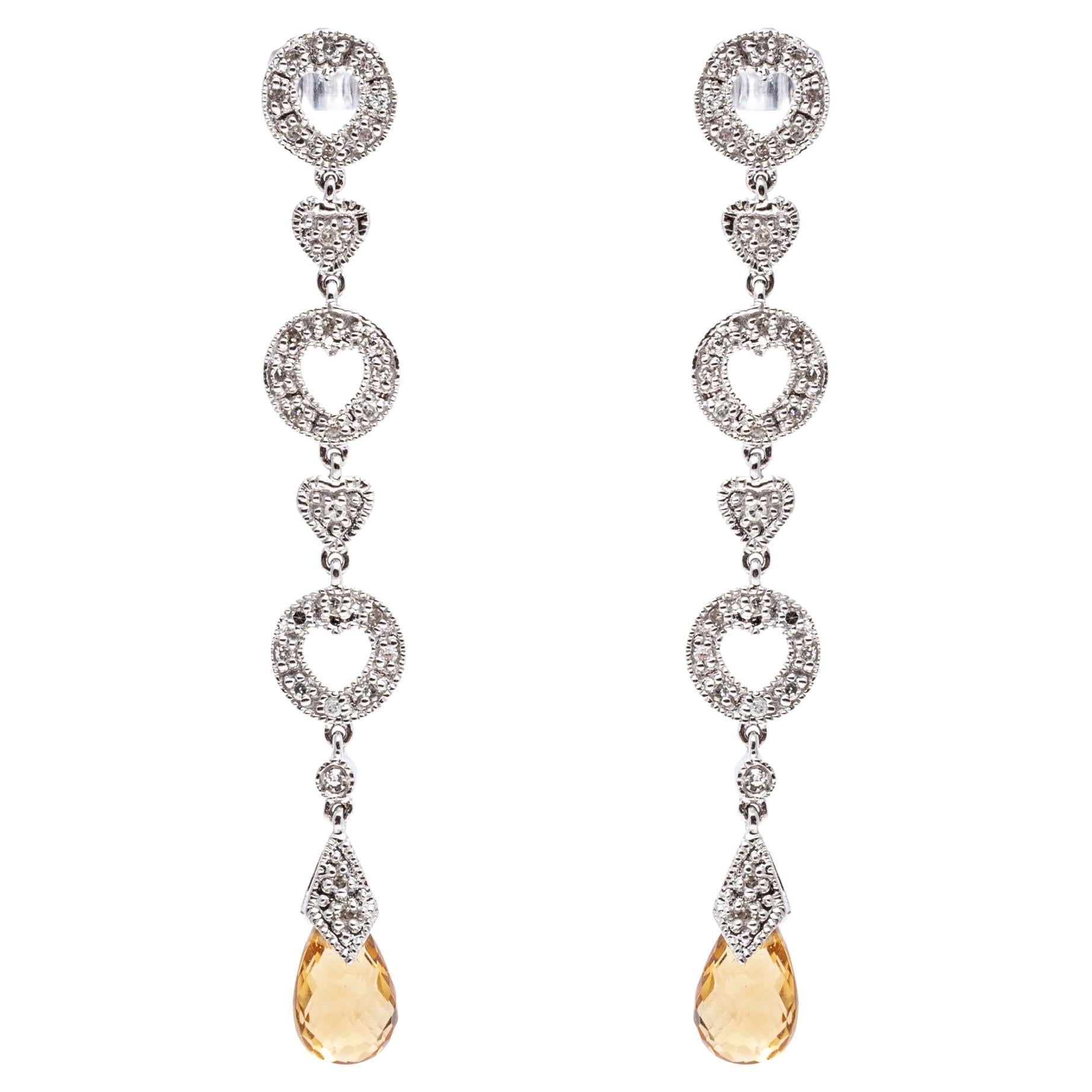 14k White Gold Diamond Heart Motif and Citrine Briolette Drop Earrings For Sale