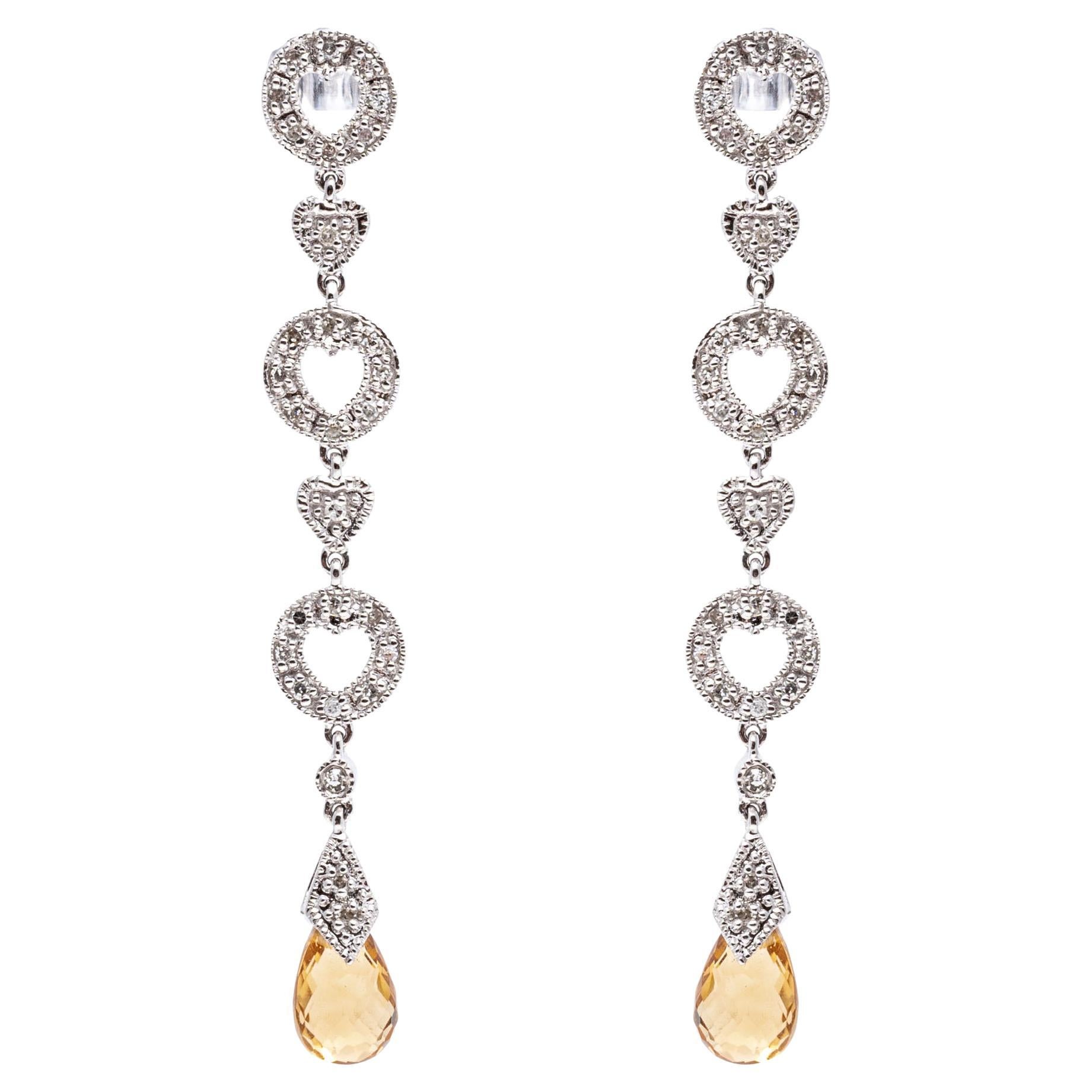 14k White Gold Diamond Heart Motif and Citrine Briolette Drop Earrings