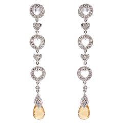 14k White Gold Diamond Heart Motif and Citrine Briolette Drop Earrings