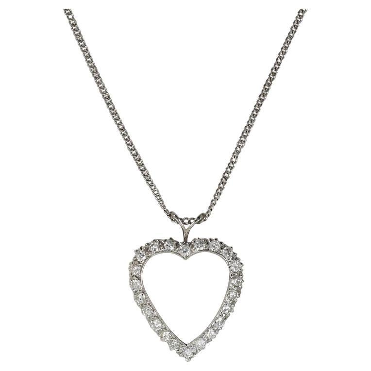14K White Gold Diamond Heart Pendant Necklace 1.75TDW, 10.7gr For Sale