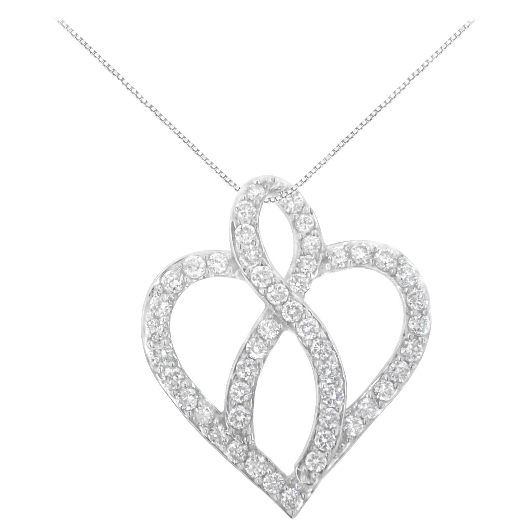 14k White Gold Diamond Heart Ribbon Pendant Necklace
