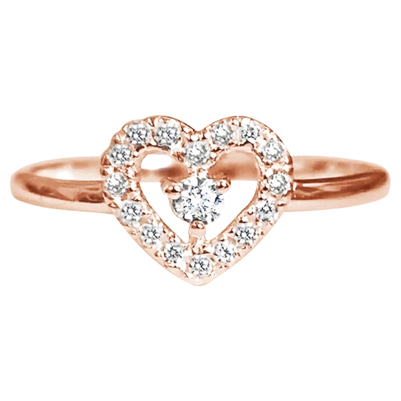For Sale:  14k Gold Diamond Heart Ring With Solitaire Diamond Pave Heart Ring