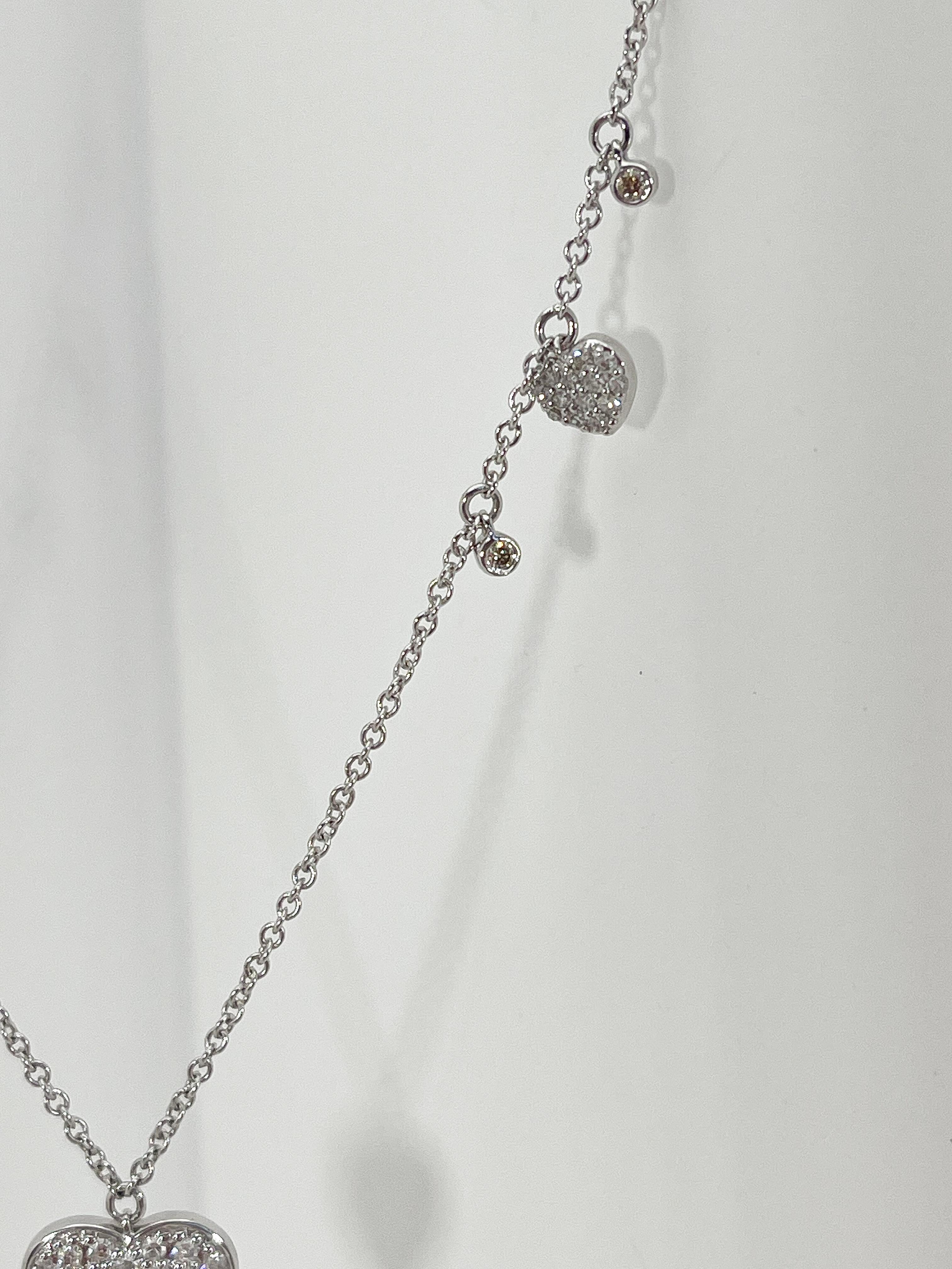 Women's or Men's 14K White Gold Diamond Heart Station Necklace For Sale