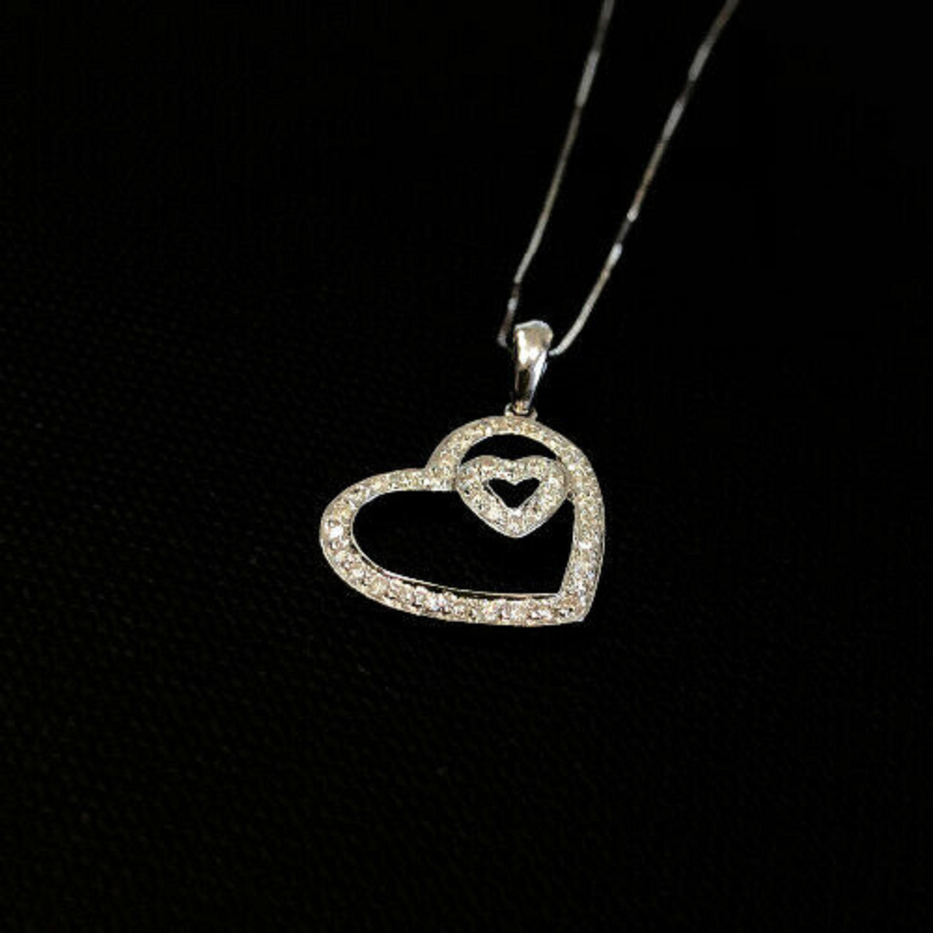 Round Cut 14 Karat White Gold Diamond Heart Within a Heart Pendant